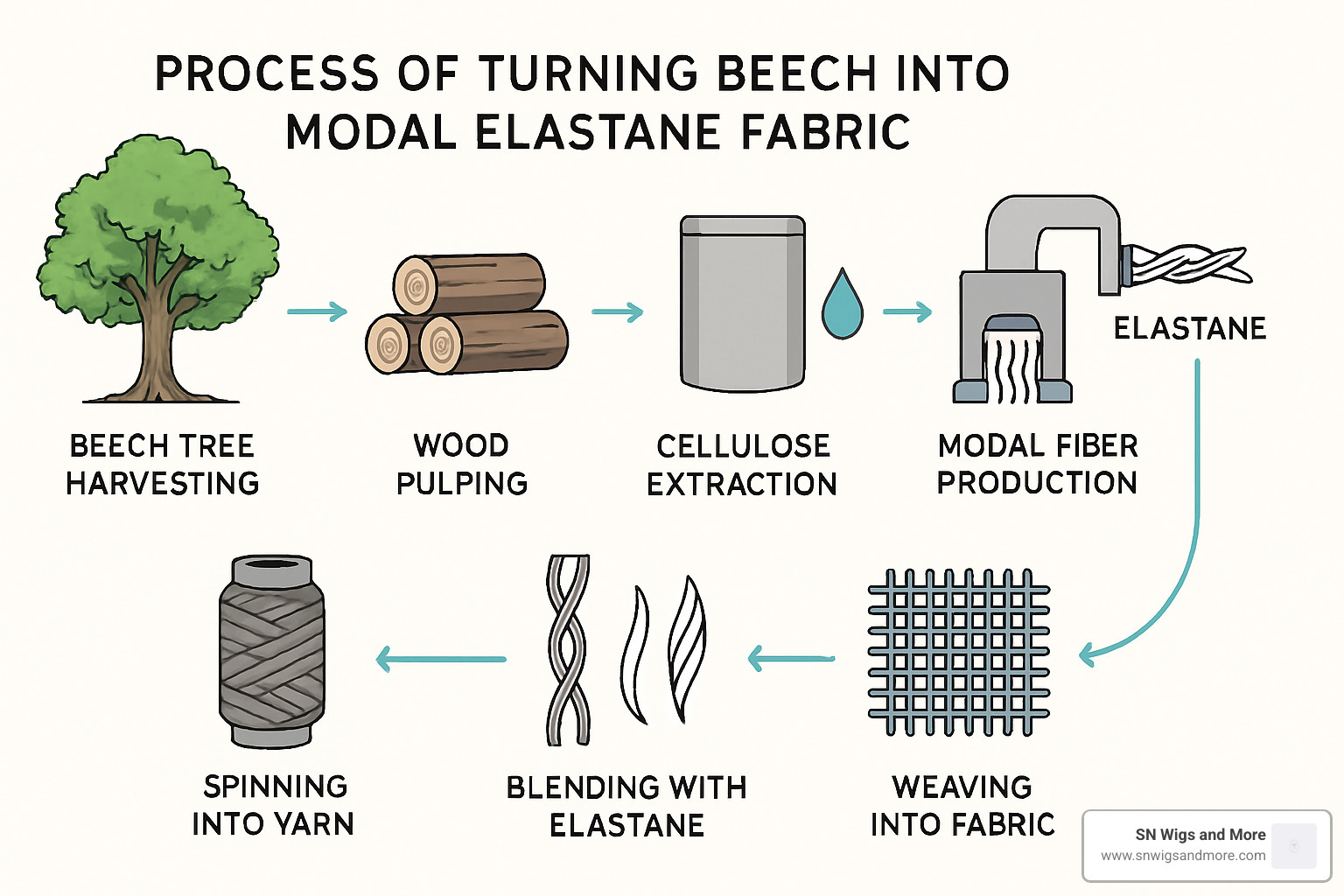 Production flowchart showing beech tree to modal elastane fabric process - modal elastane clothing
