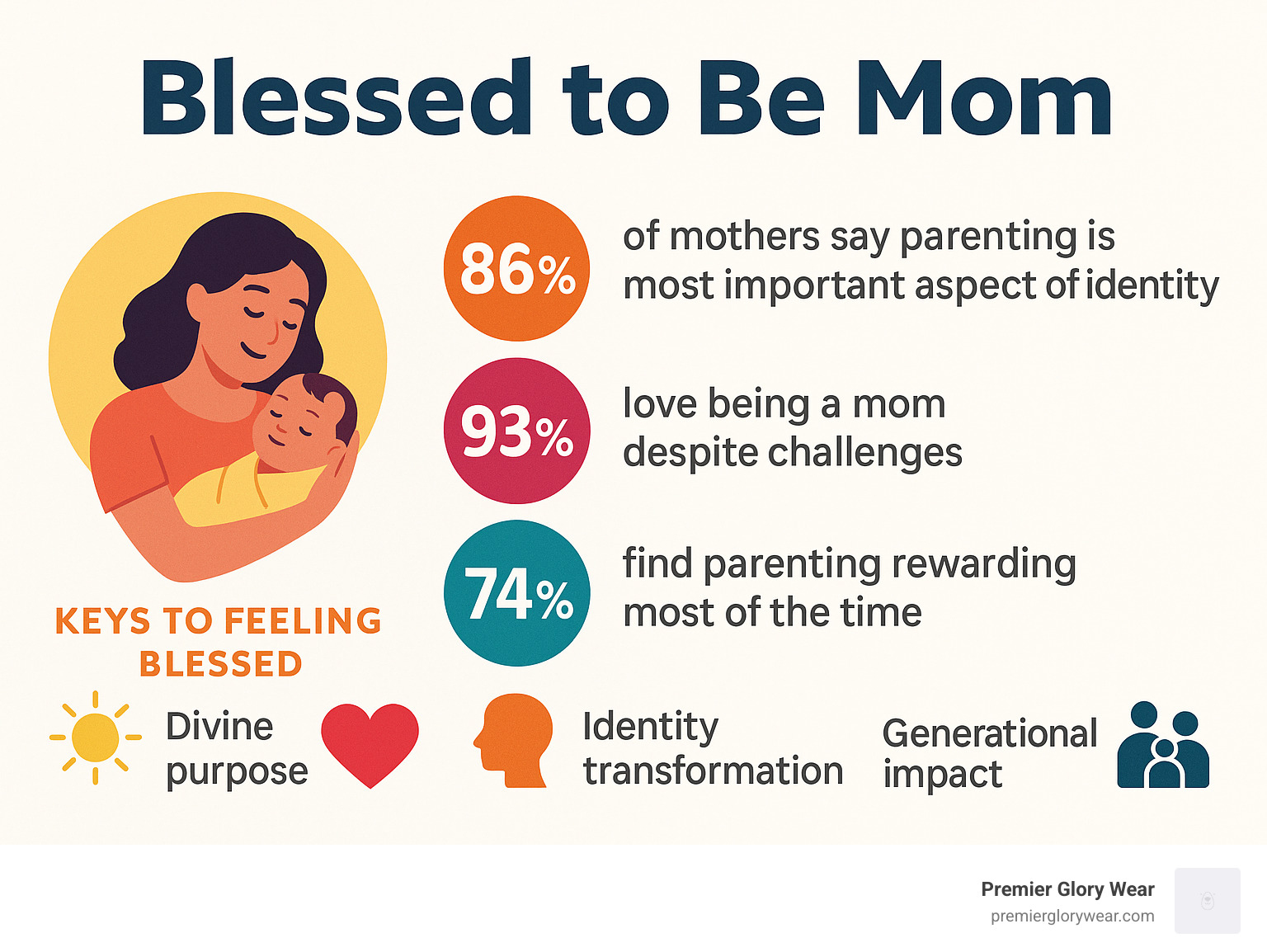 Infographic showing statistics on motherhood satisfaction: 86% of mothers say parenting is most important aspect of identity, 93% love being a mom despite challenges, 74% find parenting rewarding most of the time, and key elements of feeling blessed including divine purpose, unconditional love, identity change, and generational impact - blessed to be mom infographic