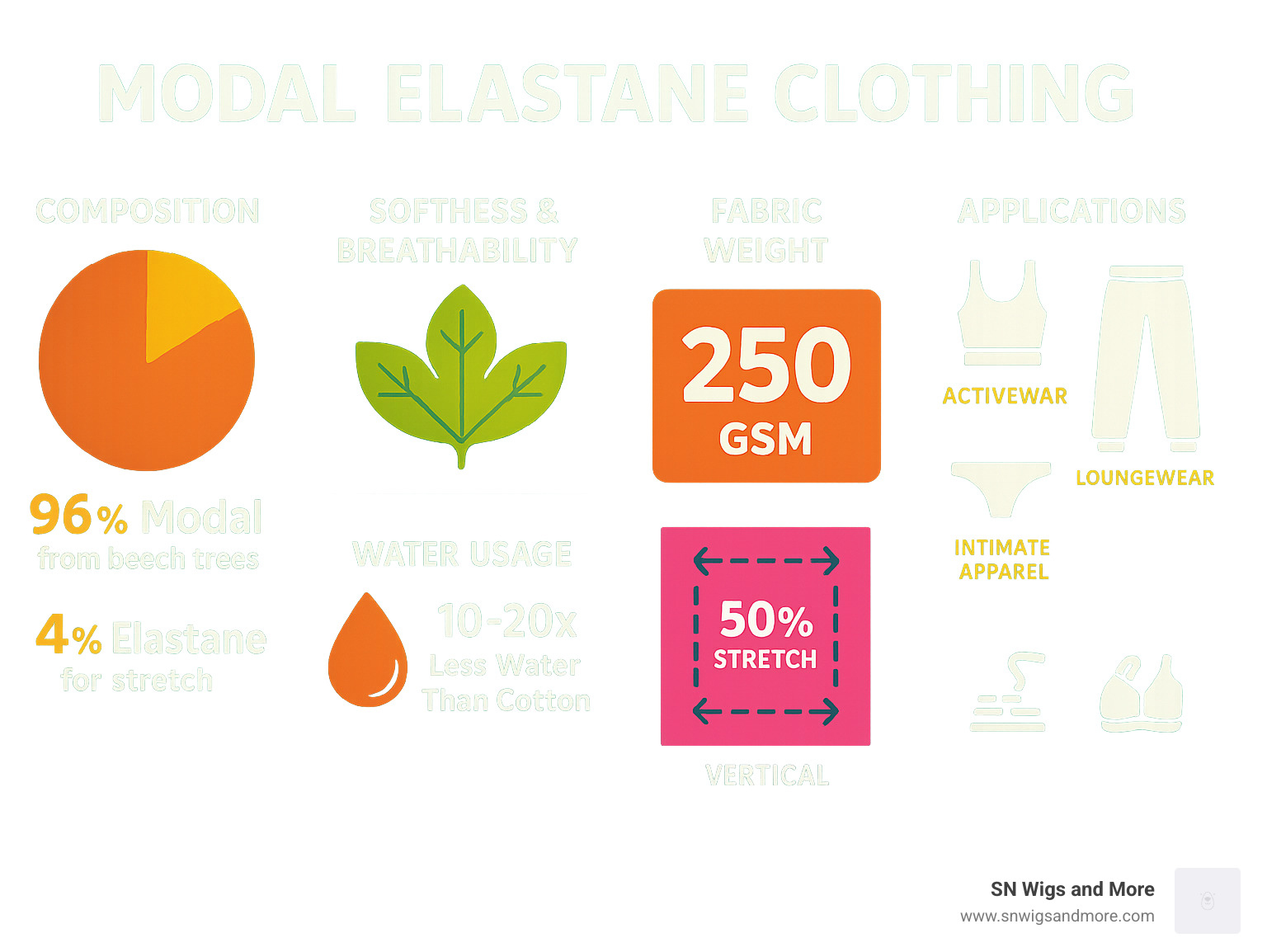 Detailed comparison infographic showing modal elastane clothing properties: 96% modal from beech trees providing softness and breathability, 4% elastane for stretch and recovery, water usage comparison showing 10-20x less water than cotton, fabric weight of 250 gsm, stretch percentages of 50% horizontal and vertical, and common applications in activewear, loungewear, and intimate apparel - modal elastane clothing infographic 