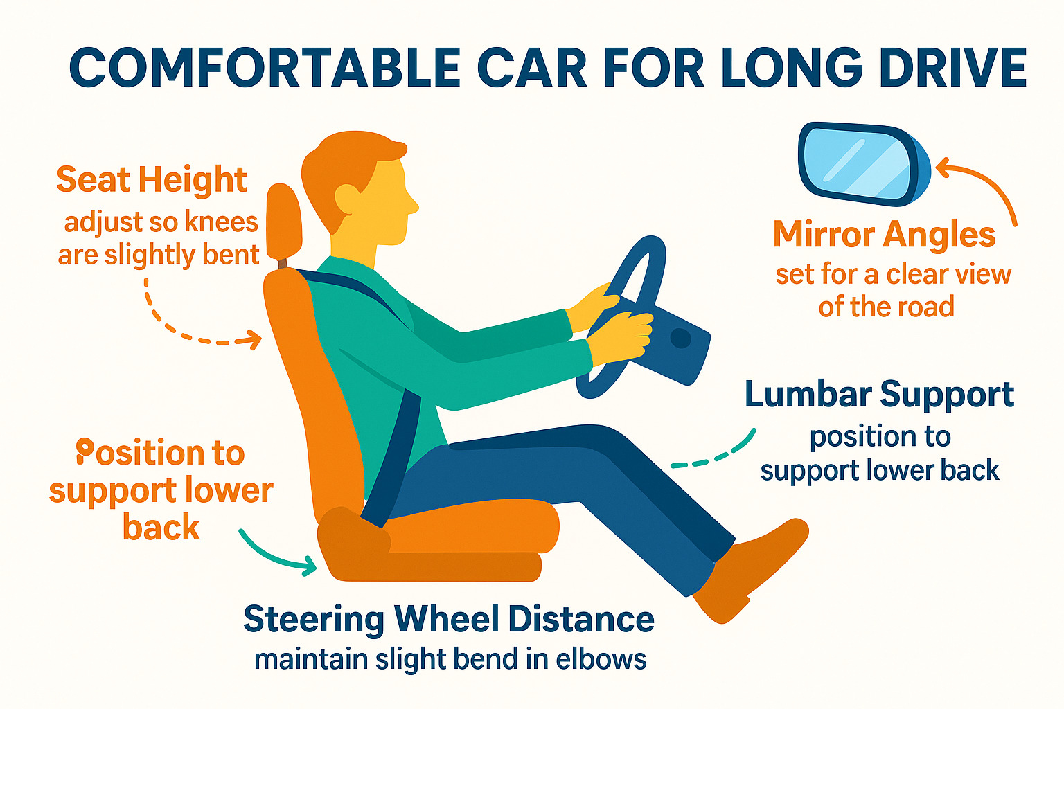 Infographic showing proper ergonomic car setup including seat height, lumbar support positioning, steering wheel distance, and mirror angles for optimal comfort and safety - comfortable car for long drive infographic