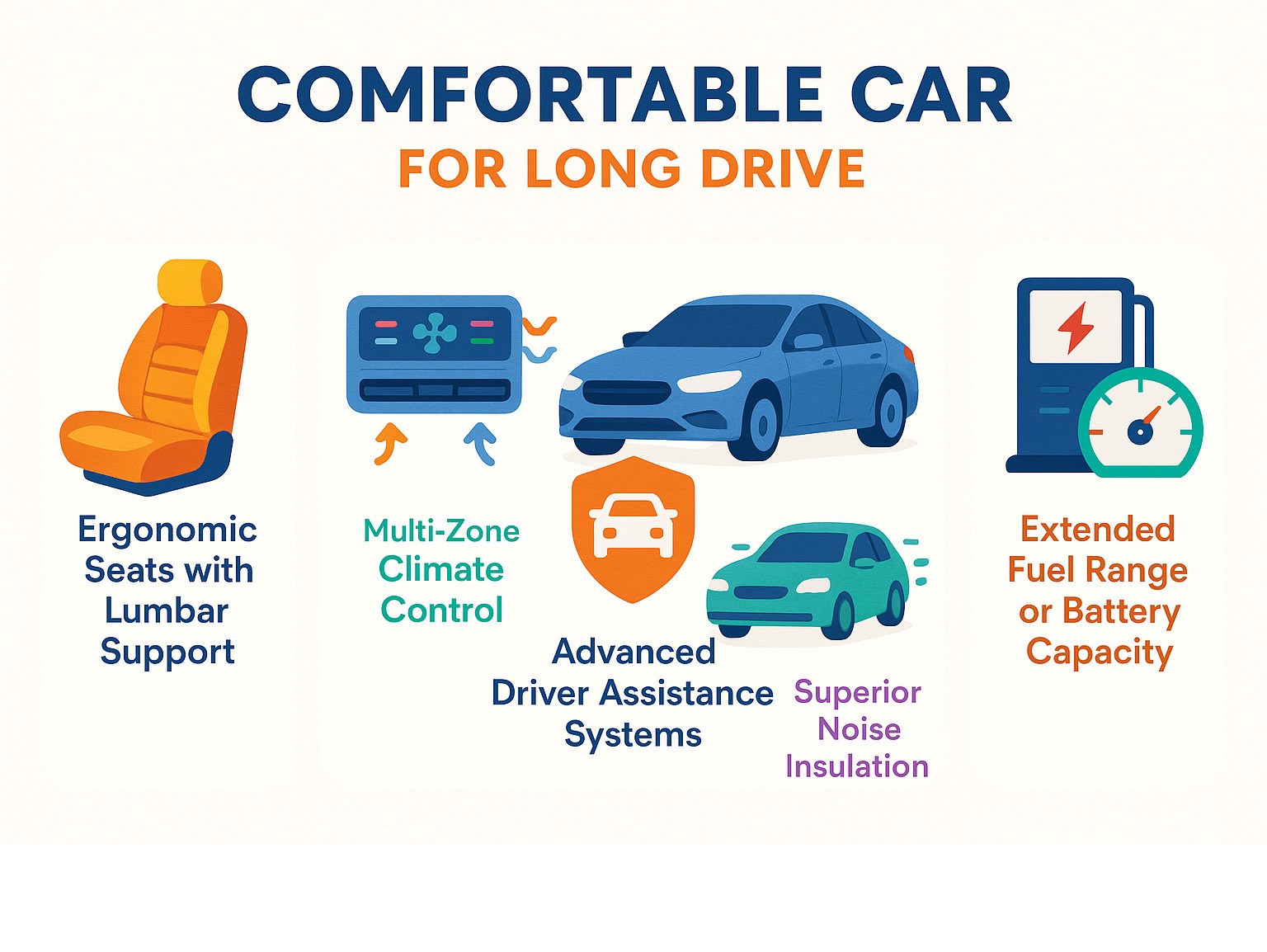 Infographic showing key comfort factors for long-distance driving including ergonomic seats with lumbar support, multi-zone climate control, advanced driver assistance systems, superior noise insulation, and extended fuel range or battery capacity - comfortable car for long drive infographic
