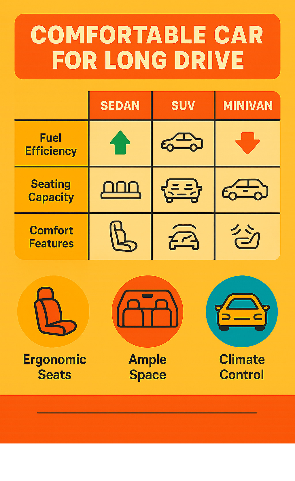 Comparison table showing fuel efficiency, seating capacity, and comfort features across sedans, SUVs, and minivans for long-distance driving - comfortable car for long drive infographic