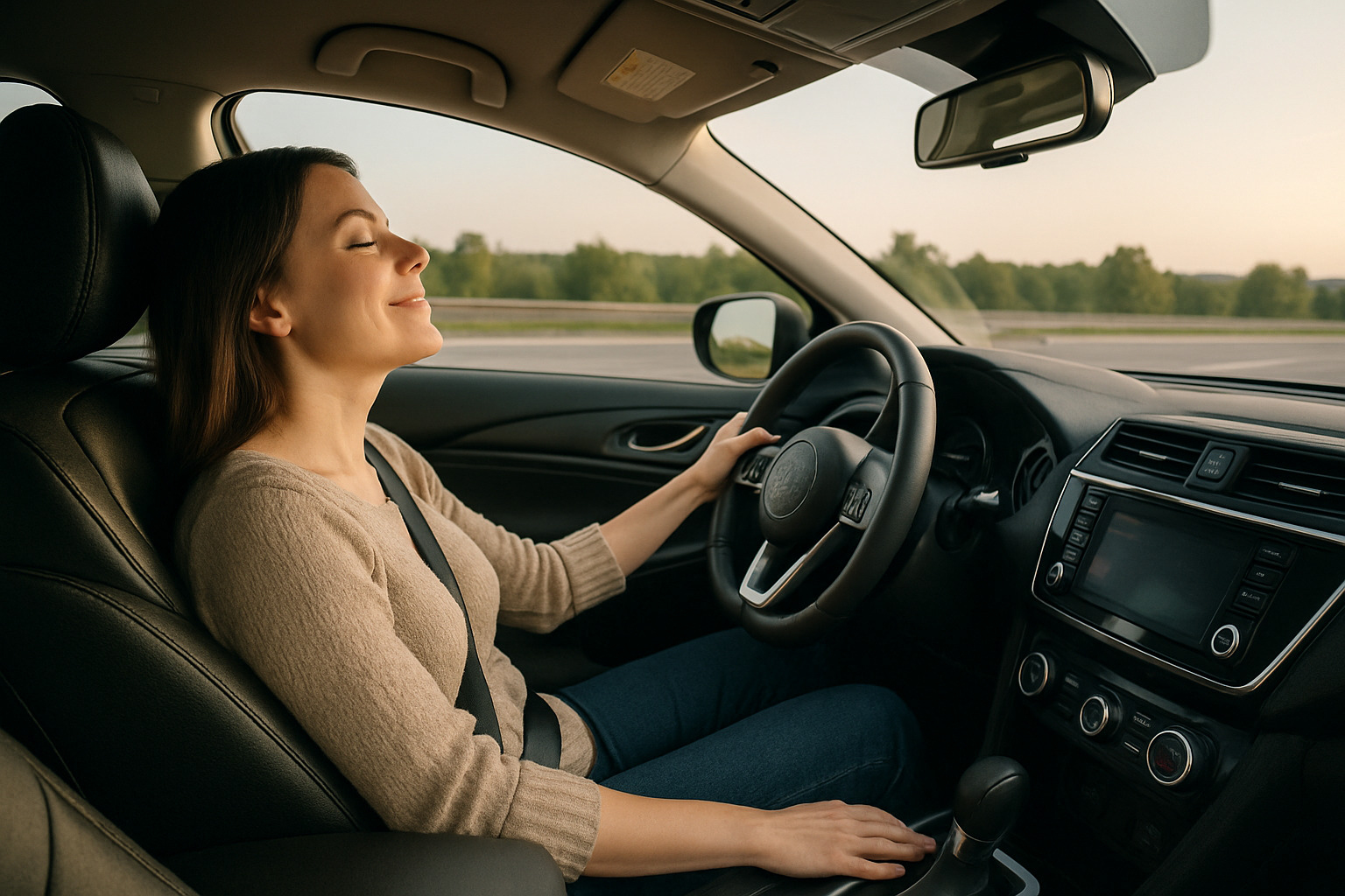 Driver seat adjustment checklist showing proper positioning for pedals, steering wheel, mirrors, and lumbar support - comfortable car for long drive