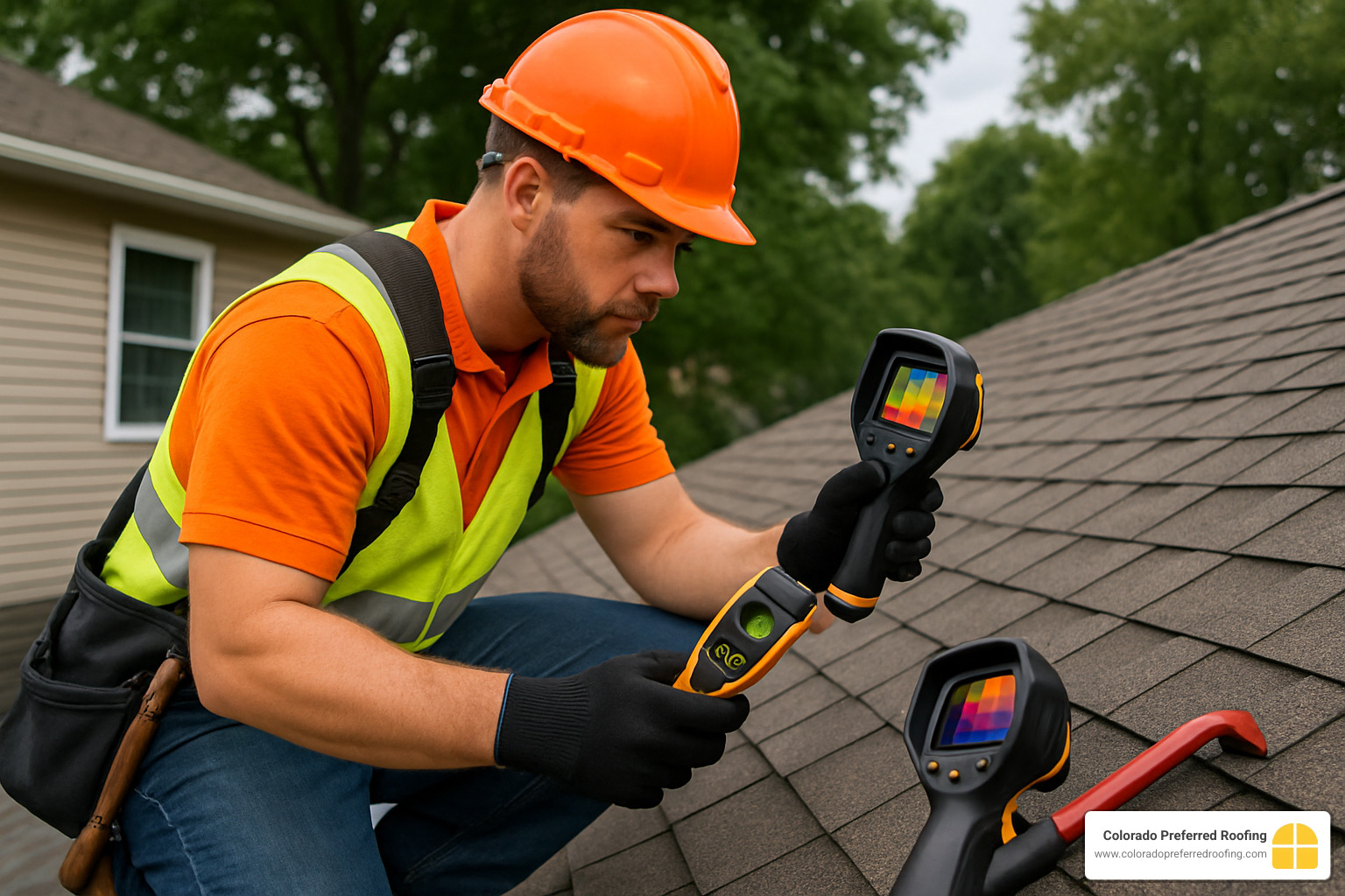 Professional roofer using moisture meter and infrared camera during roof inspection - roof certification