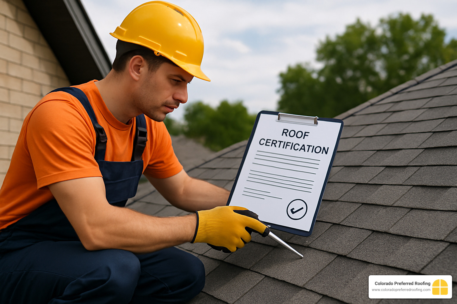 Licensed roofing contractor reviewing certification documents with homeowner - roof certification