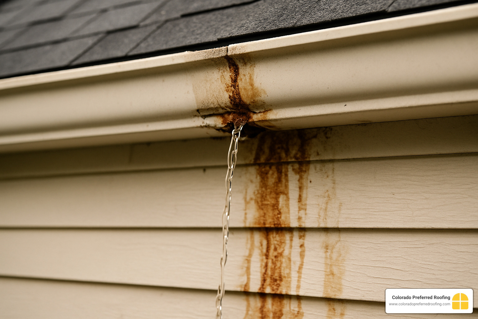 Close-up image of a leaky gutter joint showing improper sealant application and resulting water damage - gutter and downspout installation