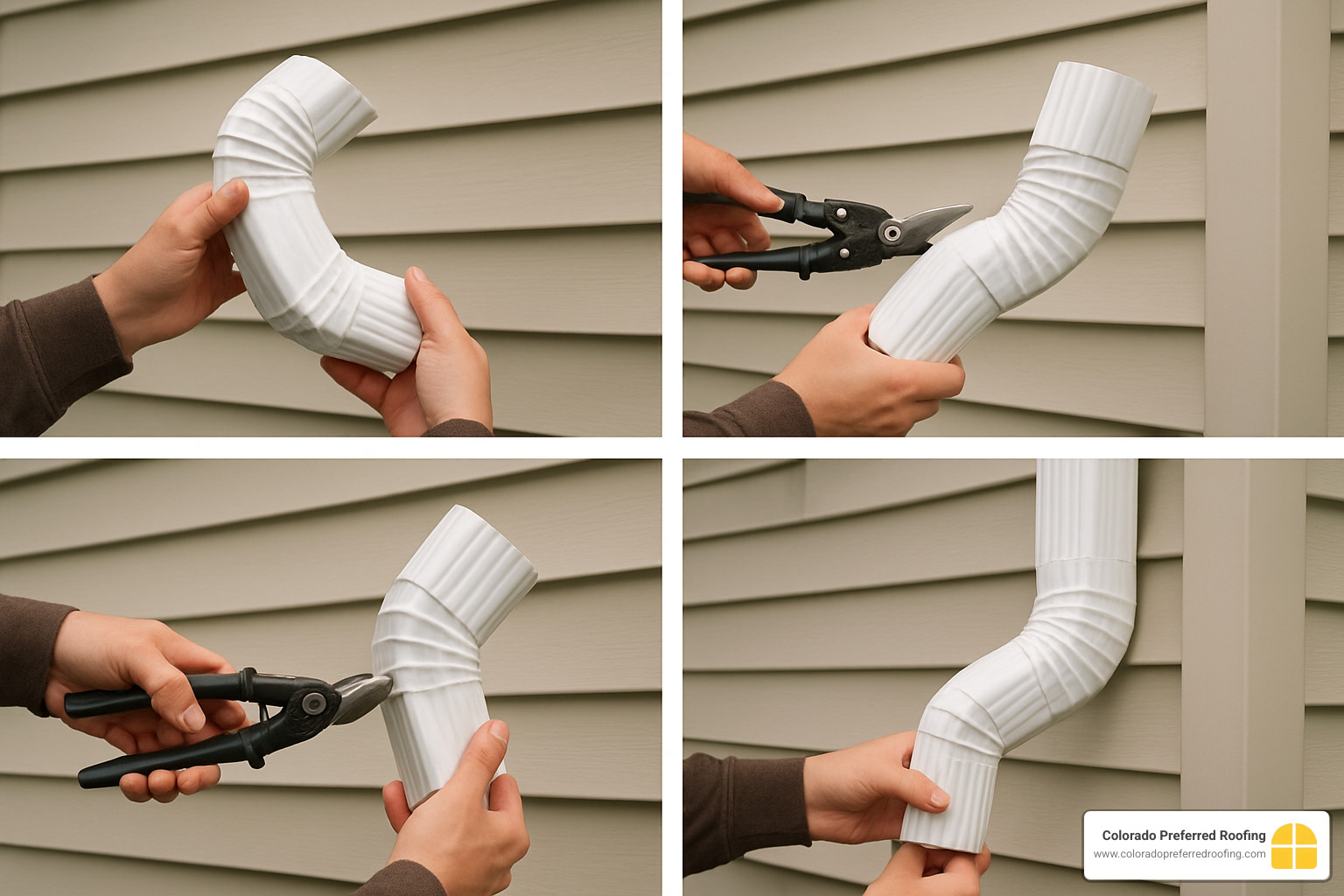 Step-by-step downspout assembly showing elbow connections and proper crimping technique - gutter and downspout installation