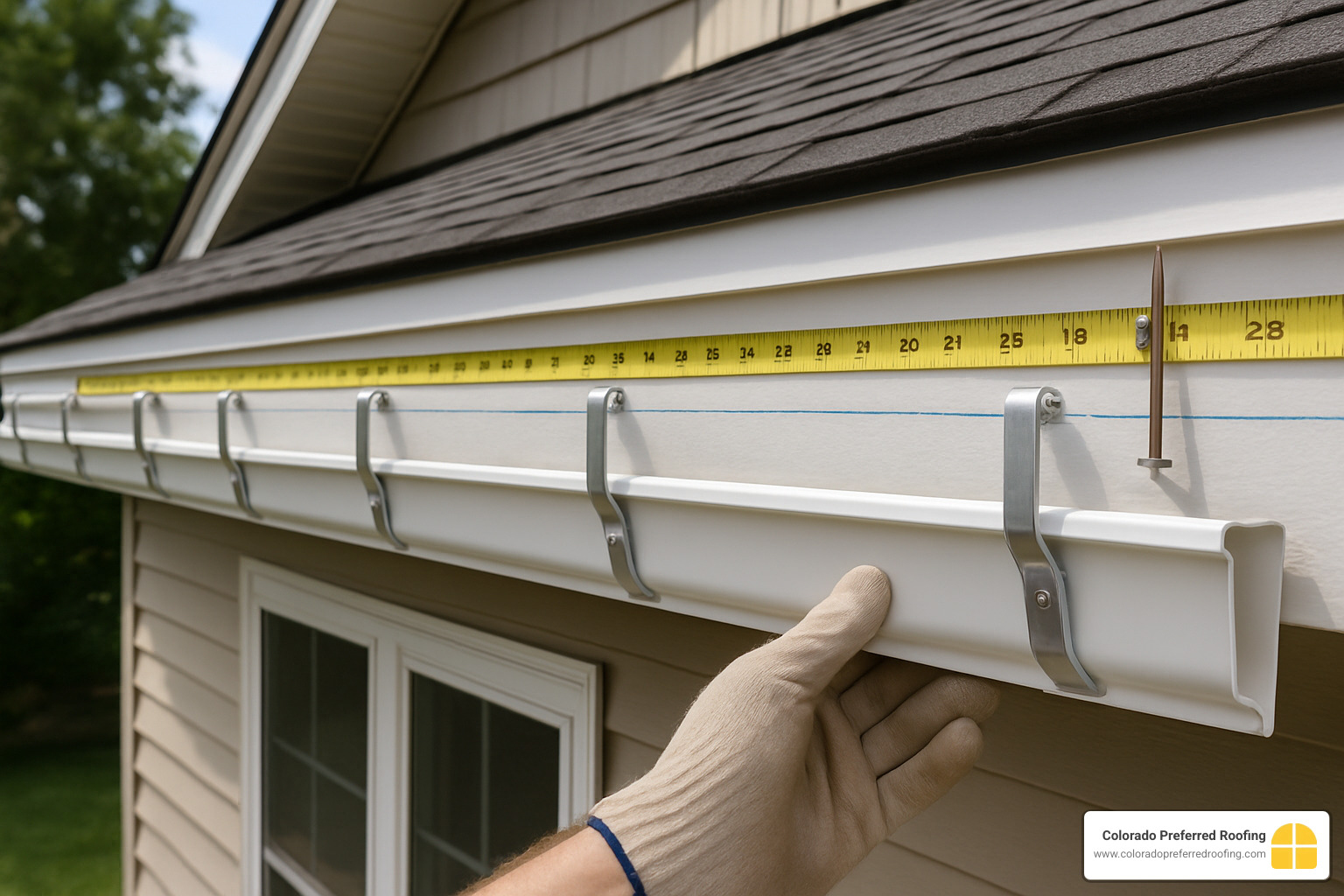 Proper gutter hanger spacing demonstration showing brackets mounted every 36 inches along fascia board - gutter and downspout installation