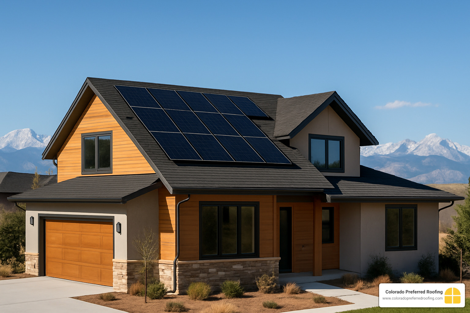 Modern Colorado home with solar panels installed on south-facing roof, showing integration with existing architecture - solar panels for home