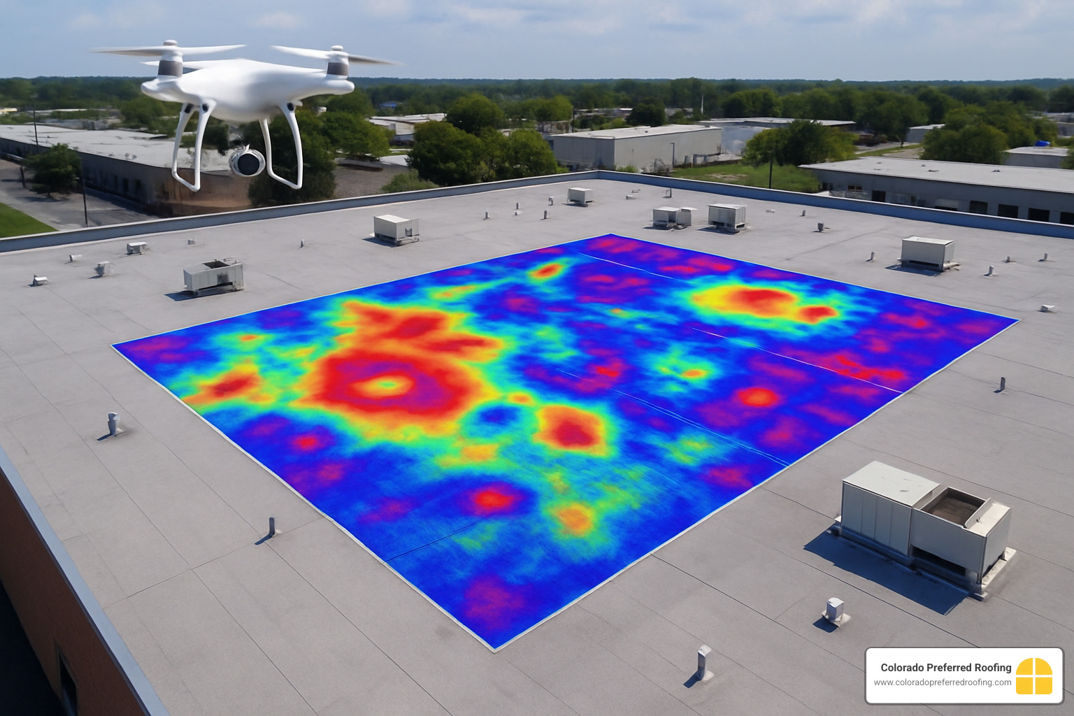 Drone inspection of commercial roof showing thermal imaging overlay identifying moisture infiltration areas - commercial roofing
