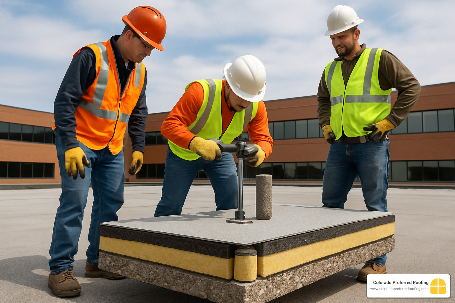 Commercial roofing crew performing core cut inspection showing multiple roof layers and insulation - commercial roofing