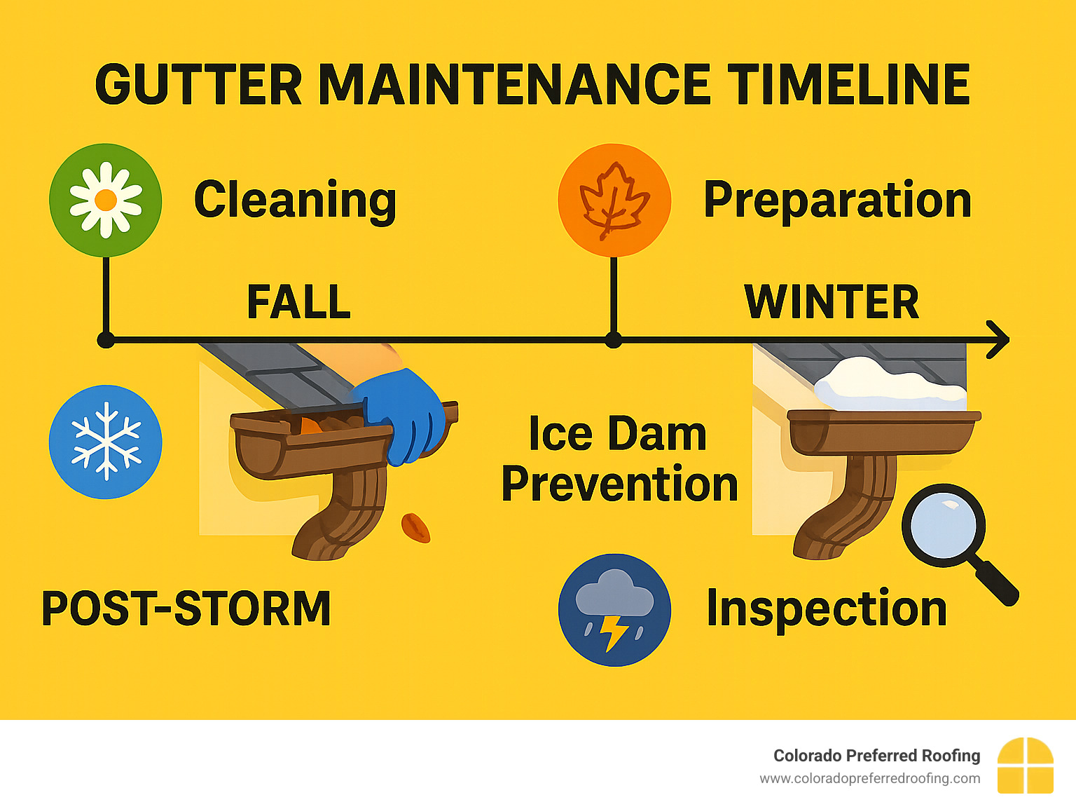 Comprehensive maintenance timeline infographic showing seasonal gutter care tasks including spring cleaning, fall preparation, winter ice dam prevention, and post-storm inspections - gutter and downspout installation infographic 