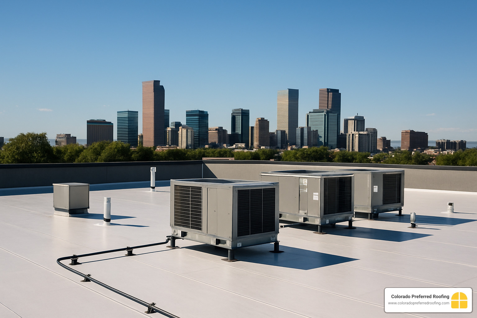 Completed commercial roof installation with Denver skyline in background - littleton roofing