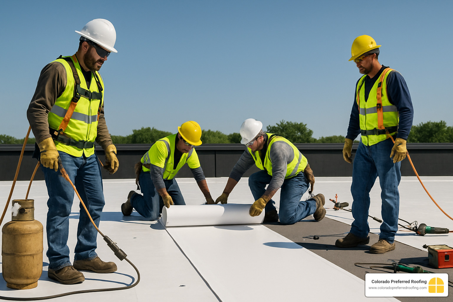 Professional roofing crew installing TPO membrane on commercial building - littleton roofing