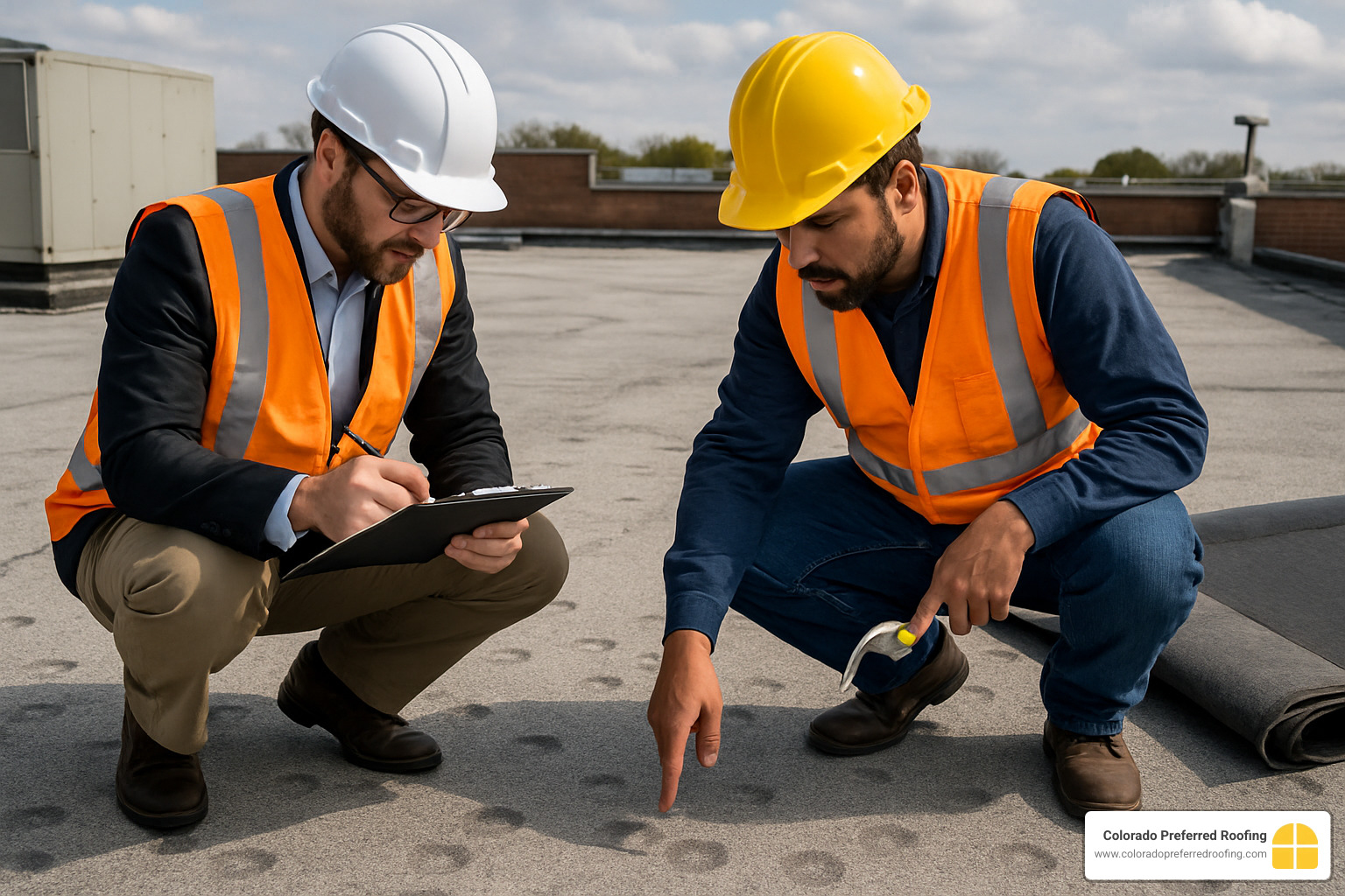 Image of insurance adjuster and roofer examining hail damage on commercial roof deck - littleton roofing