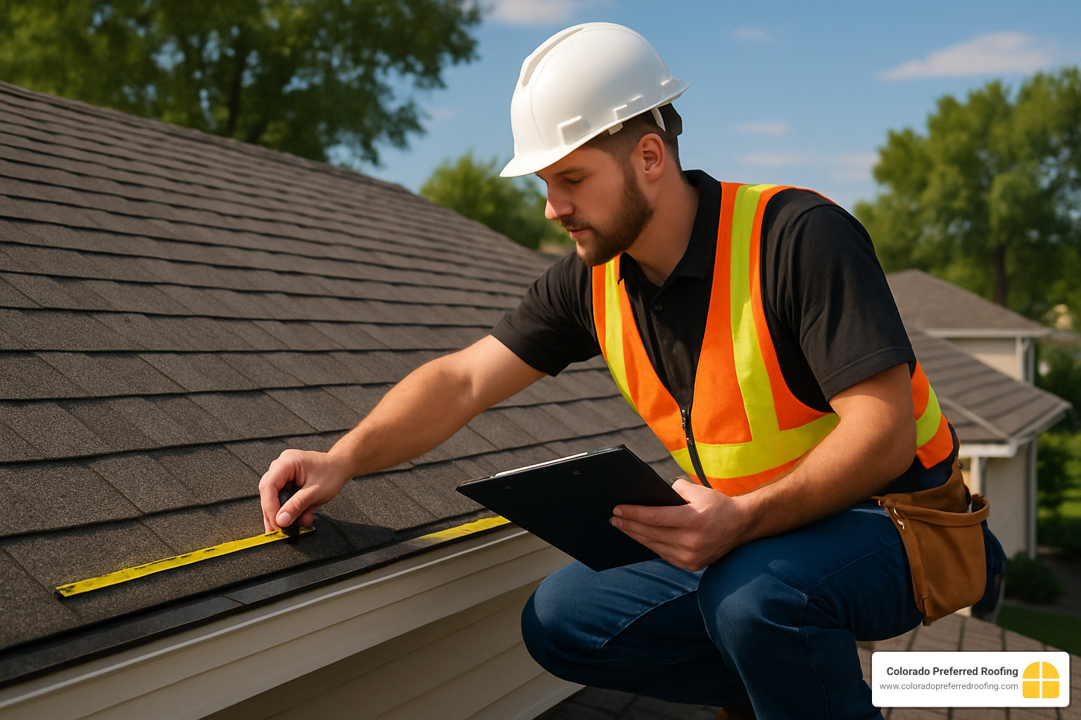 Professional contractor measuring roof dimensions and calculating square footage for accurate material estimates - shingle roofing