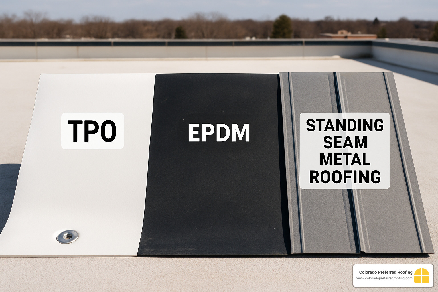Commercial roofing materials comparison showing TPO, EPDM, and metal roofing samples - littleton roofing