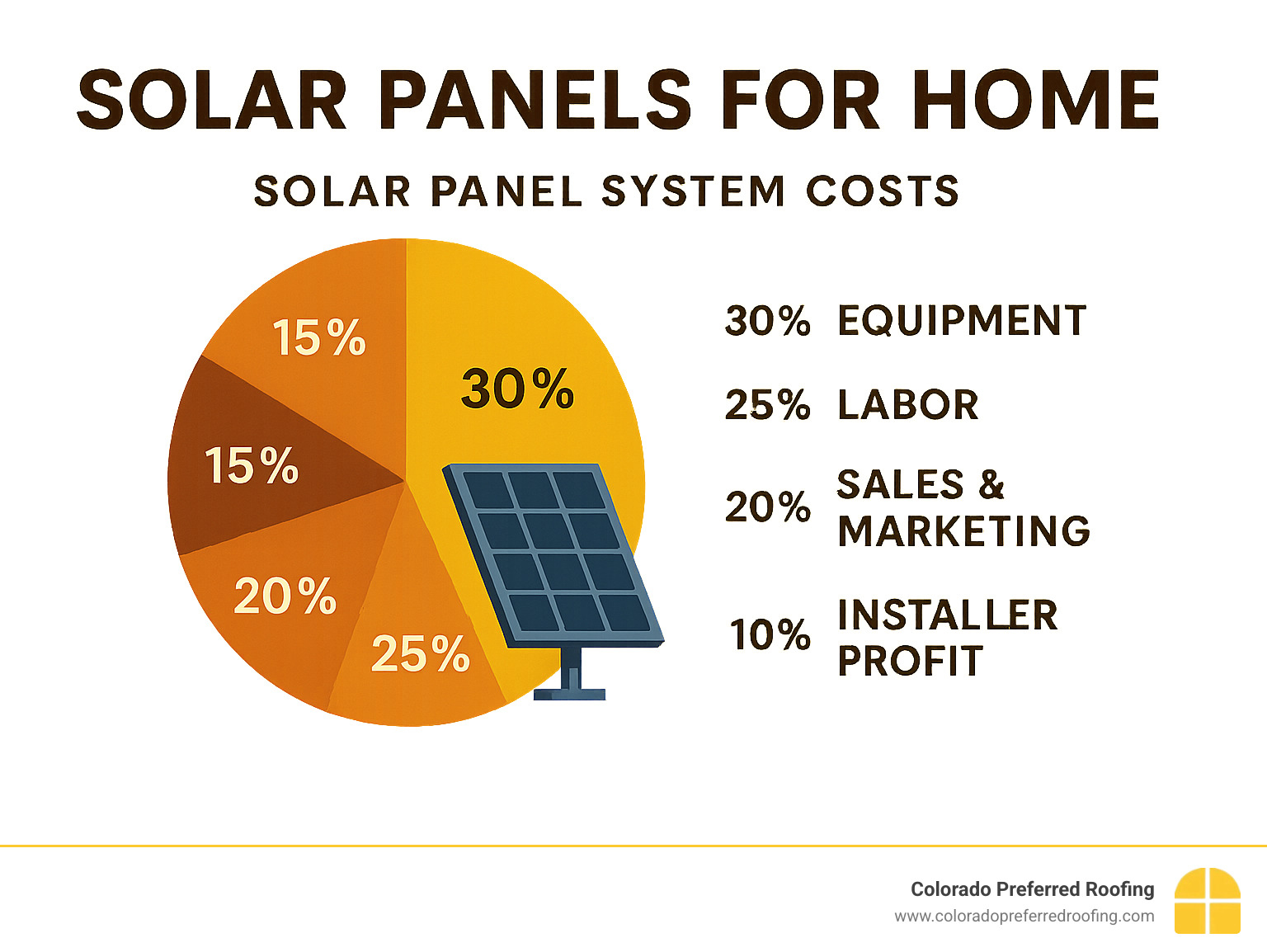 Infographic showing solar panel system costs breakdown: equipment 30%, labor 25%, permits and fees 15%, sales and marketing 20%, installer profit 10% - solar panels for home infographic 