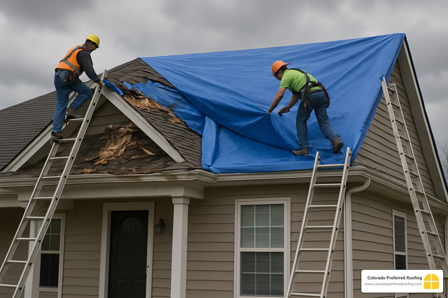 tarp installation on damaged roof - emergency roof repair