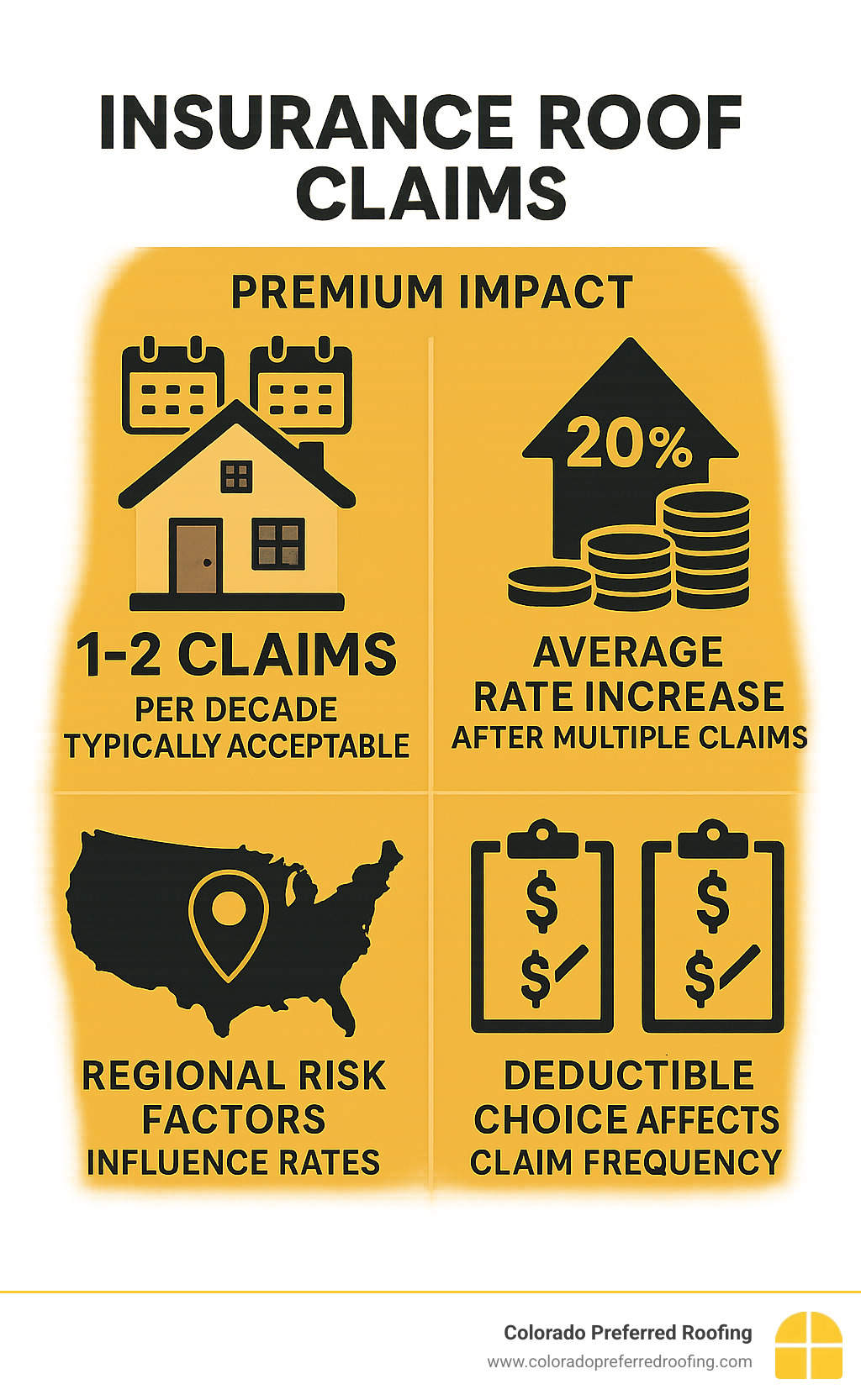 Infographic showing premium impact statistics: 1-2 claims per decade typically acceptable, 20% average rate increase after multiple claims, regional risk factors influence rates, deductible choice affects claim frequency - insurance roof claims infographic 