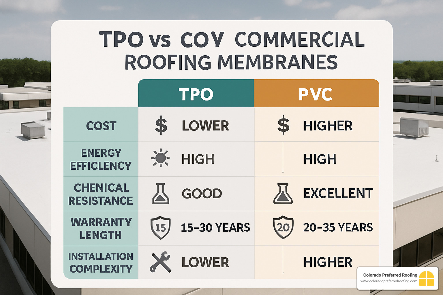 Comparison chart showing TPO vs PVC performance metrics including cost, energy efficiency, chemical resistance, warranty length, and installation complexity - commercial roofing
