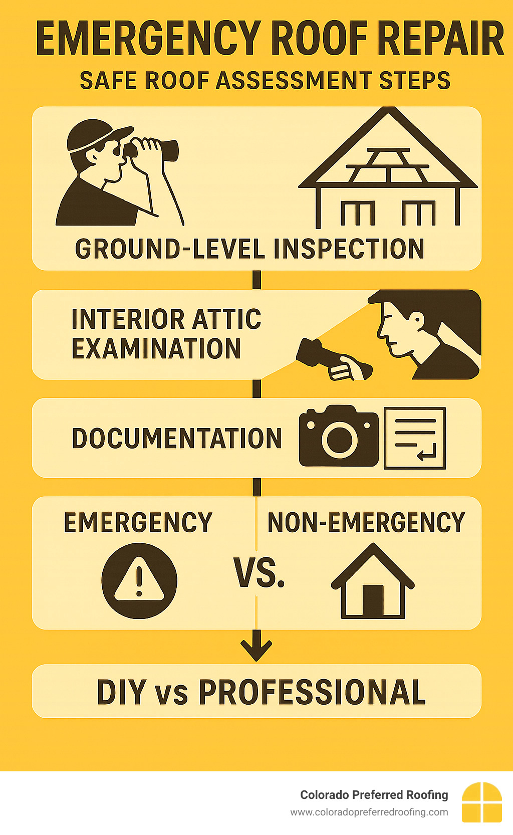 Infographic showing safe roof assessment steps: ground-level visual inspection using binoculars, interior attic examination with flashlight, documentation with photos and measurements, identification of emergency vs non-emergency issues, and decision point for DIY vs professional intervention - emergency roof repair infographic 