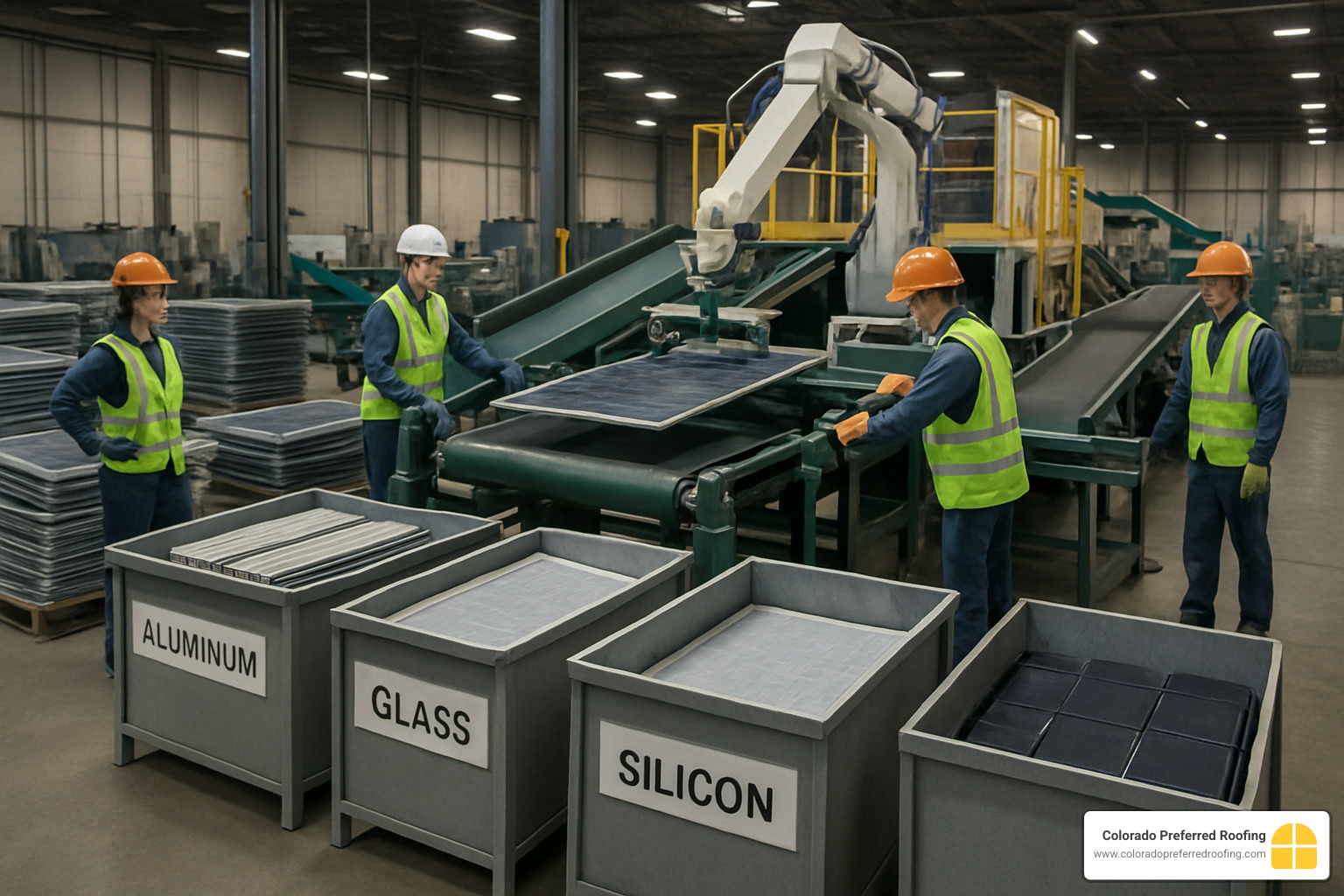 Solar panel recycling facility showing panels being processed to recover aluminum, glass, and silicon materials - solar panels for home