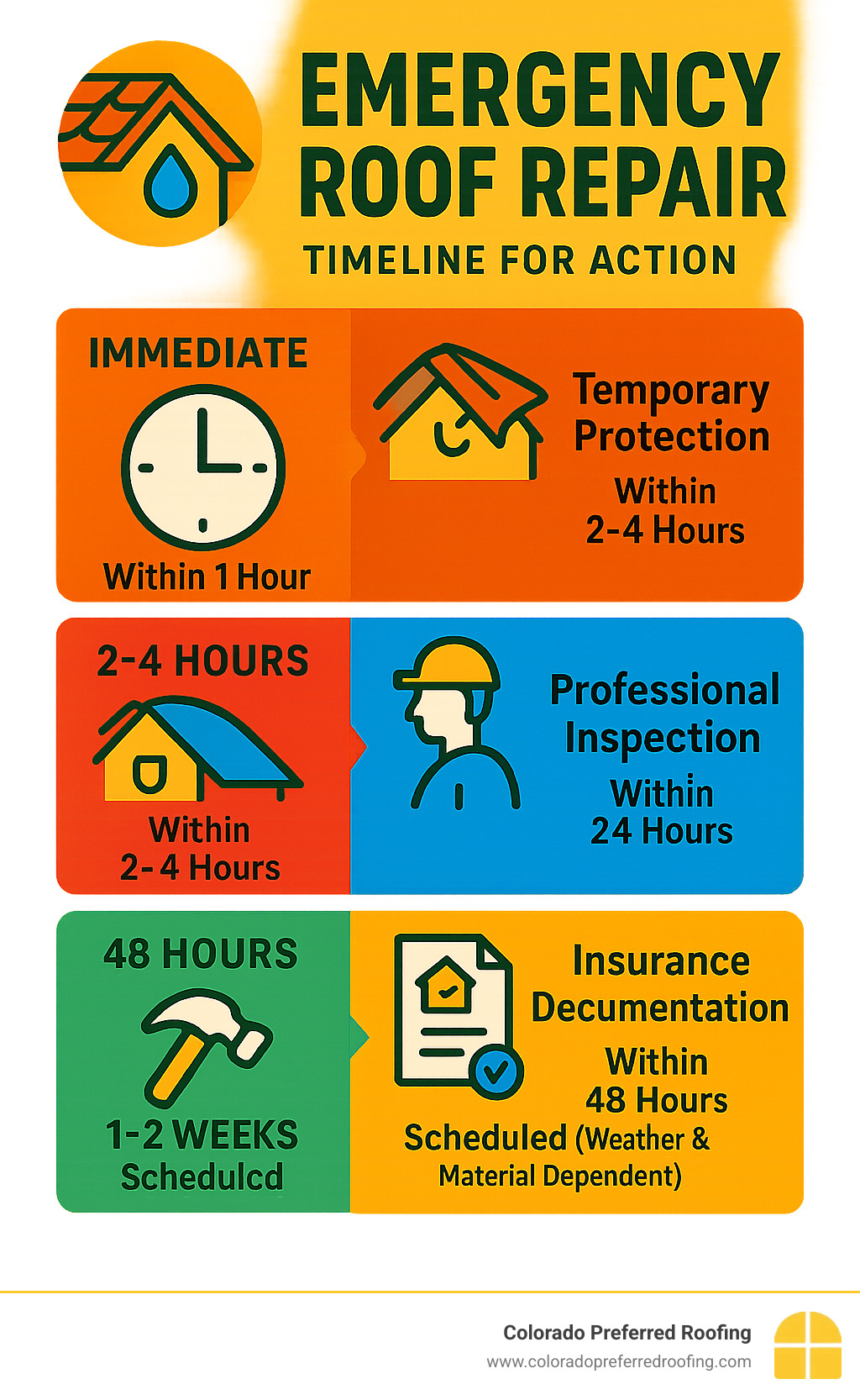 Infographic showing emergency roof repair timeline: immediate safety assessment within first hour, temporary protection measures within 2-4 hours, professional inspection within 24 hours, insurance documentation within 48 hours, and permanent repairs scheduled within 1-2 weeks depending on weather and material availability - emergency roof repair infographic 