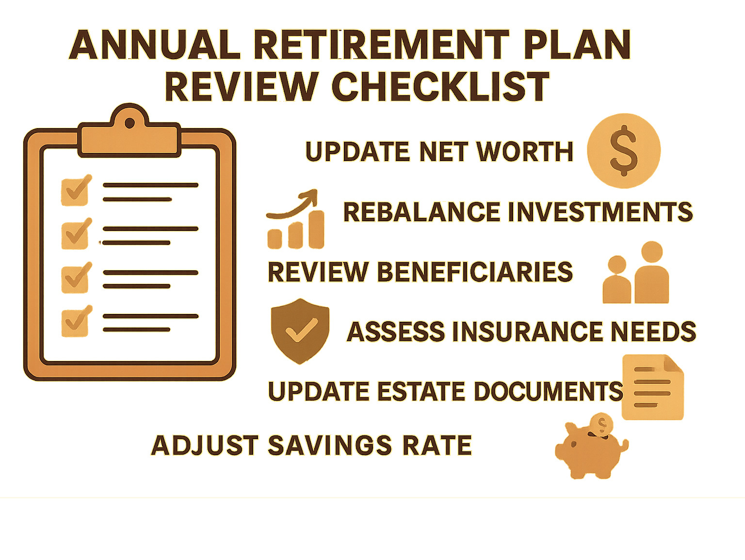 Infographic showing annual retirement plan review checklist: update net worth, rebalance investments, review beneficiaries, assess insurance needs, update estate documents, and adjust savings rate - retirement planning guide infographic 