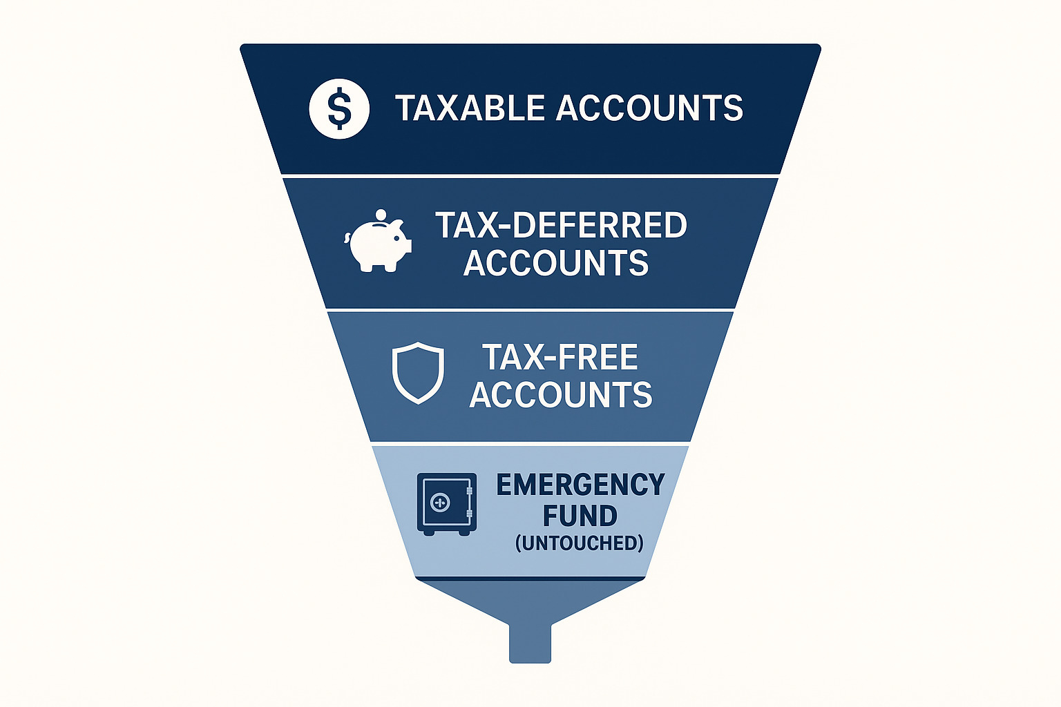 Safe withdrawal funnel showing how to sequence withdrawals: first from taxable accounts, then tax-deferred accounts, finally tax-free accounts, with emergency fund remaining untouched - retirement planning guide