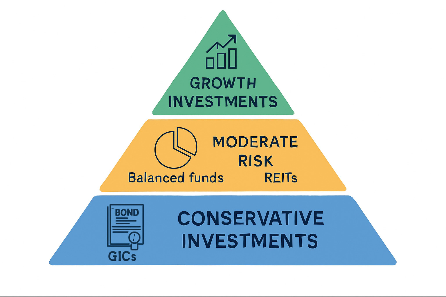 Asset allocation pyramid showing conservative investments at the base (bonds, GICs), moderate risk in the middle (balanced funds, REITs), and growth investments at the top (stocks, equity funds) - retirement planning guide