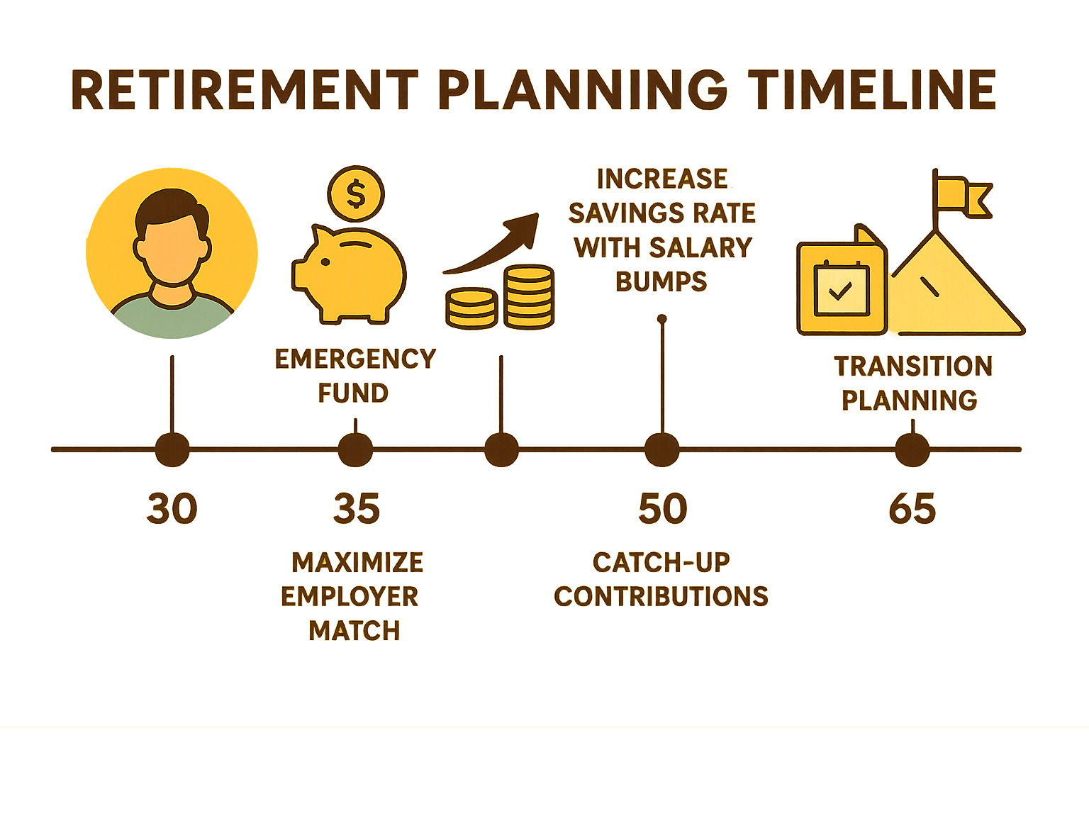 Infographic showing retirement planning timeline from age 30 to 65, highlighting key milestones: emergency fund by 32, maximize employer match by 35, increase savings rate with salary bumps, catch-up contributions at 50, and transition planning at 60 - retirement planning guide infographic 