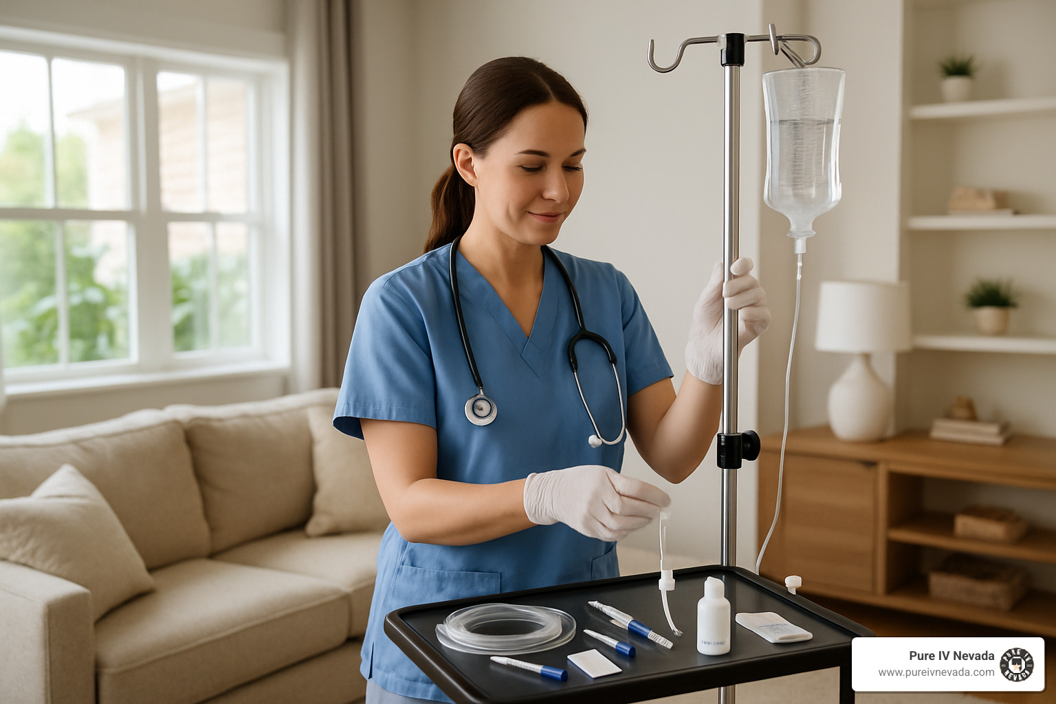 Licensed nurse preparing IV equipment in home setting - at home iv drip
