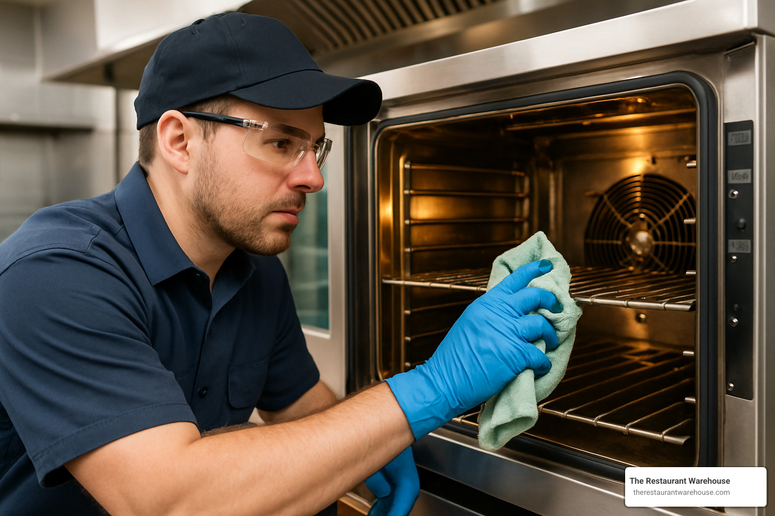 Technician cleaning interior of commercial oven wearing safety equipment - commercial ovens