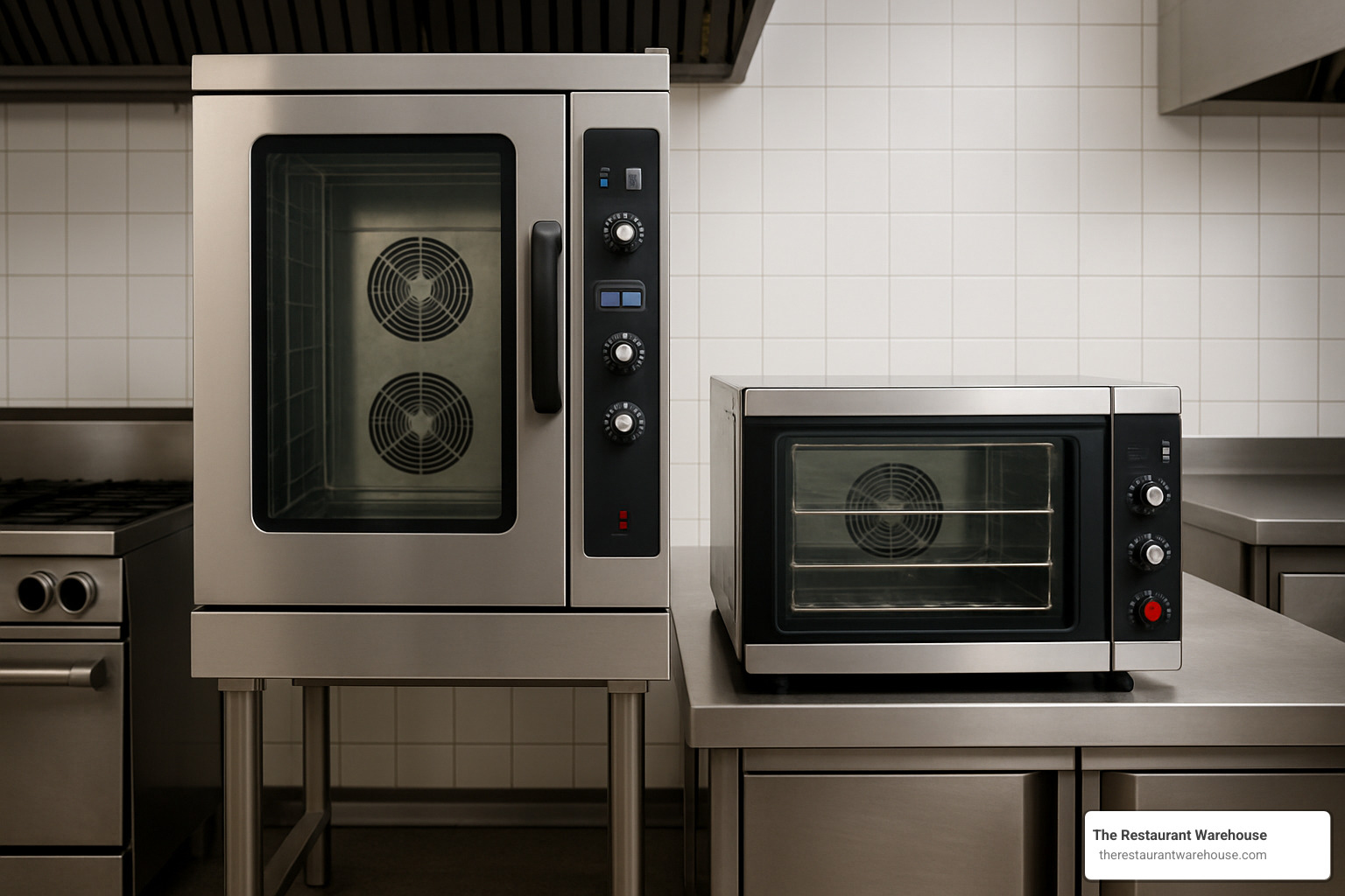 Floor model commercial convection oven next to countertop convection oven showing size comparison - commercial ovens