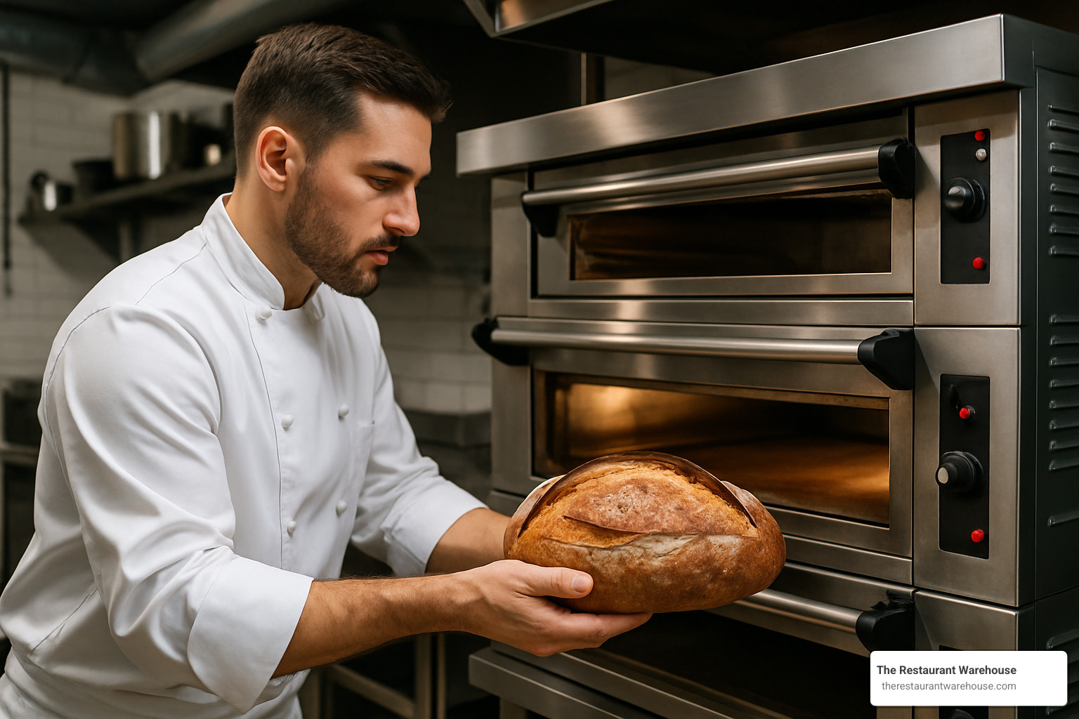 Chef pulling perfect artisan loaf from commercial deck oven - commercial ovens