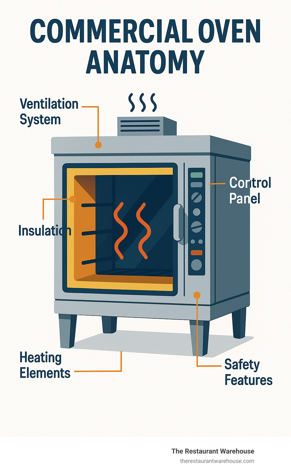 Infographic showing commercial oven anatomy with labeled components including heating elements, insulation, ventilation systems, control panels, and safety features - commercial ovens infographic 