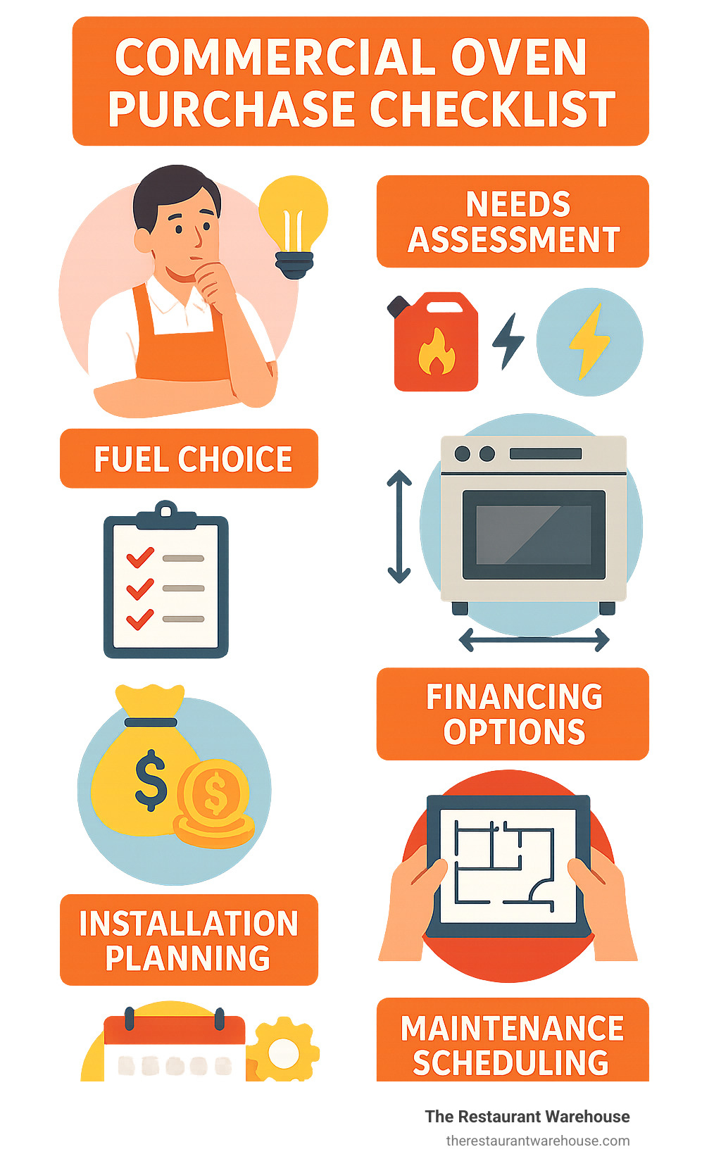 Infographic showing commercial oven purchase checklist with steps for needs assessment, fuel choice, sizing, feature selection, financing options, installation planning, and maintenance scheduling - commercial ovens infographic 