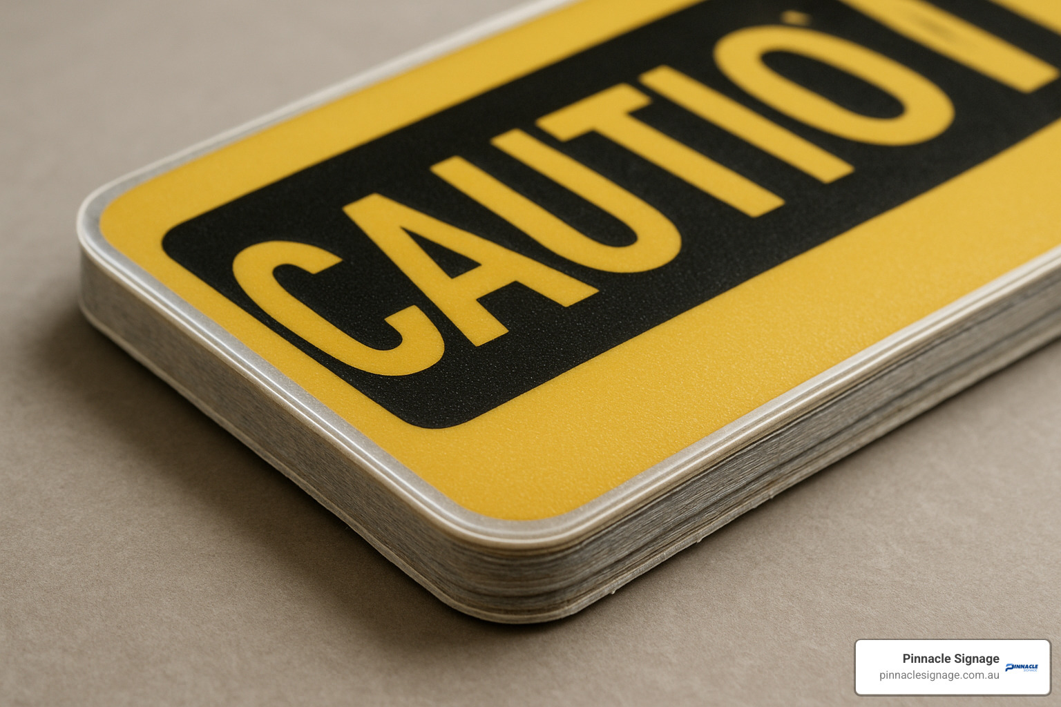 close-up of laminated edge seal showing quality construction details - Caution Signage