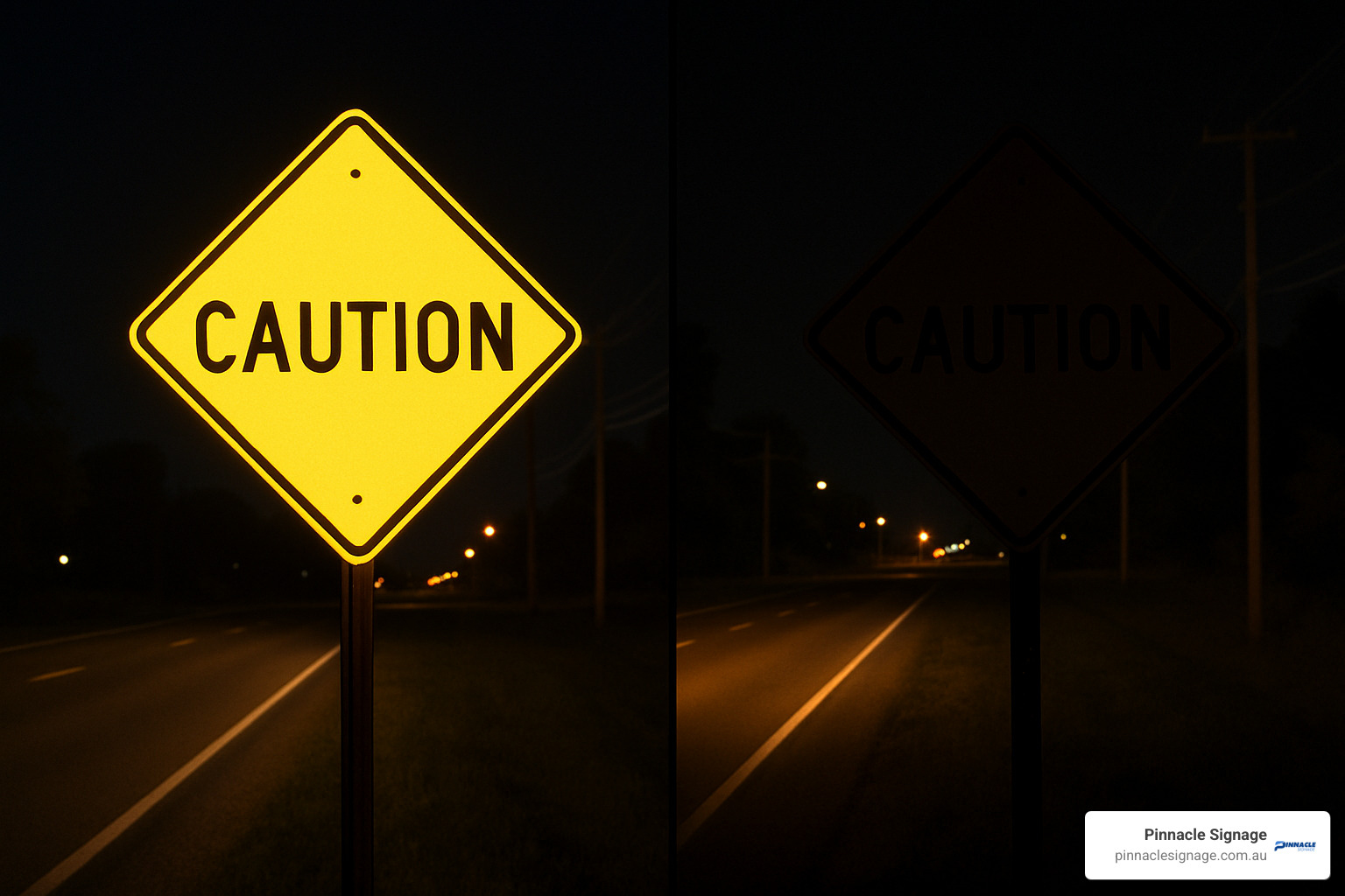 side by side comparison of reflective vs non-reflective caution signs - Caution Signage