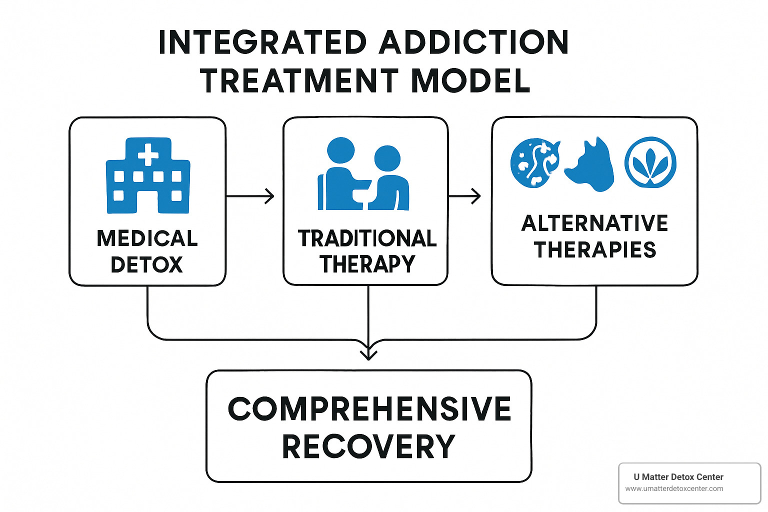 Flowchart showing integrated treatment model combining medical detox, therapy, and alternative approaches for comprehensive addiction recovery - alternative addiction therapies
