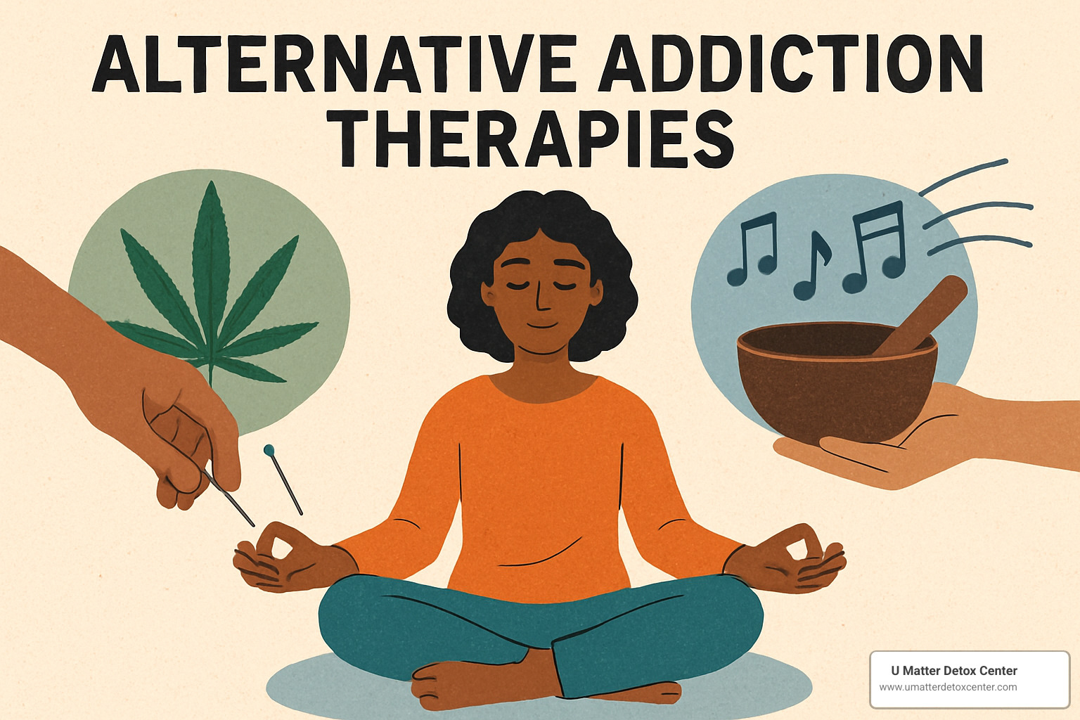 Collage showing diverse alternative addiction therapies including acupuncture, yoga, art therapy, animal-assisted therapy, and meditation practices - alternative addiction therapies