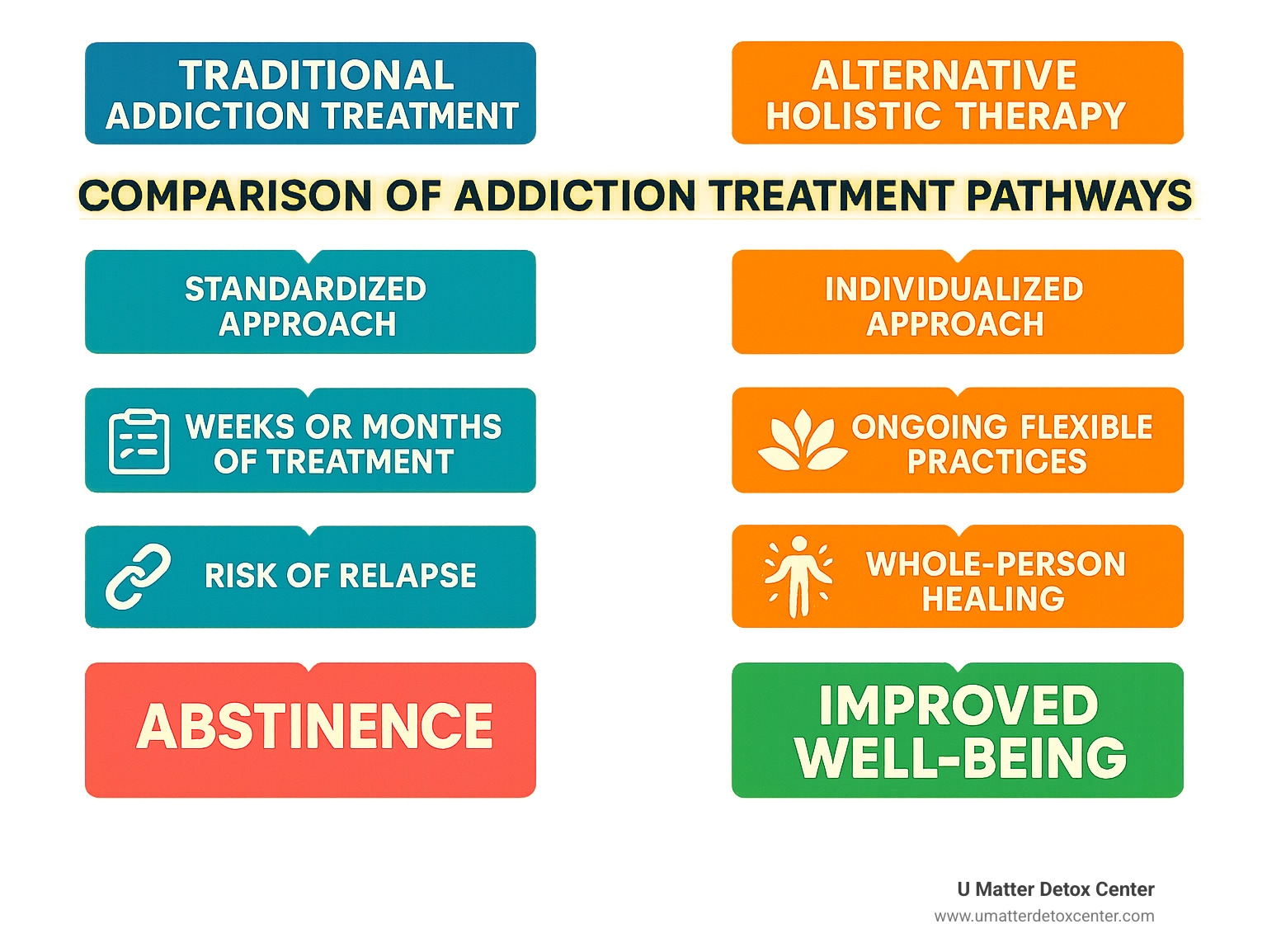 Comprehensive comparison showing traditional addiction treatment pathway versus alternative holistic therapy journey, highlighting key differences in approach, timeline, and outcomes for substance use disorder recovery - alternative addiction therapies infographic 
