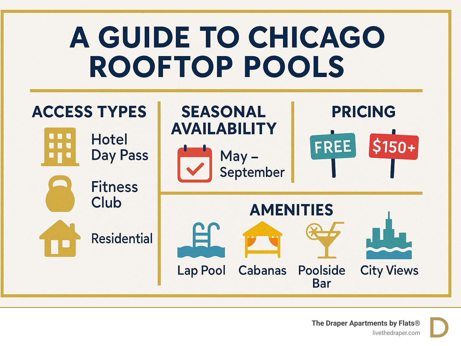 Comprehensive guide to Chicago rooftop pool access types, seasonal availability, pricing ranges from free to $150+, and amenity comparisons across hotel, fitness club, and residential options - rooftop pools chicago infographic 