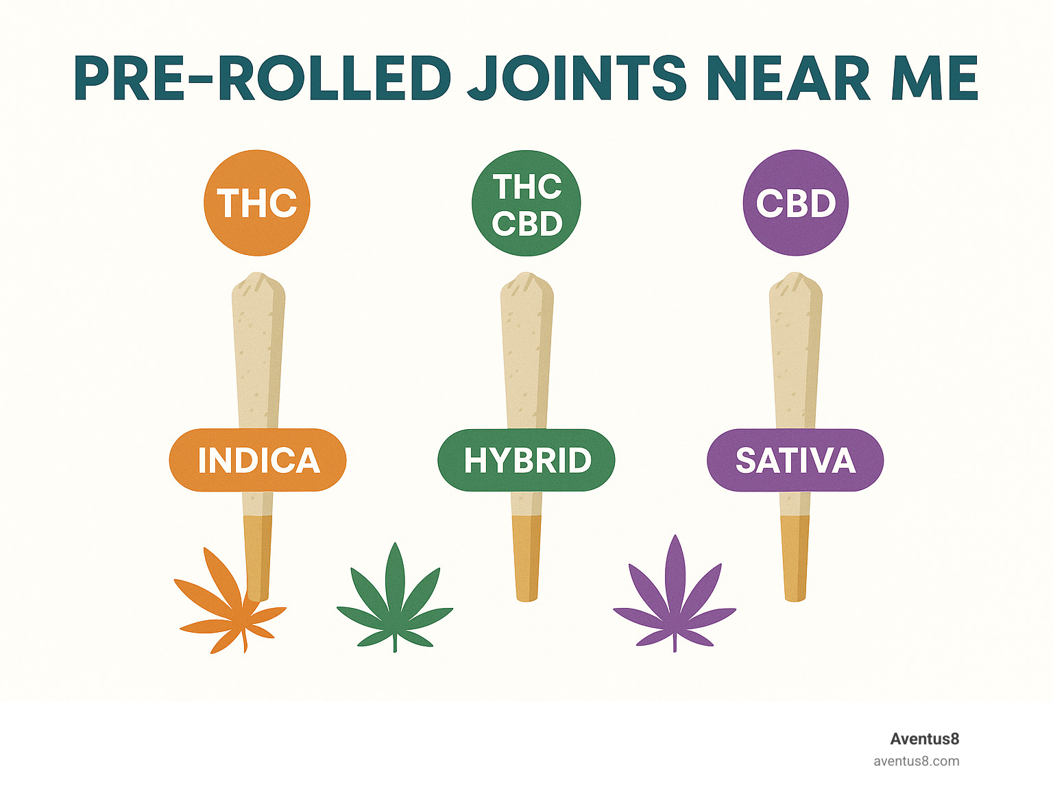 Infographic showing THC vs CBD ratios in different pre-roll types, with indica/sativa/hybrid classifications and their typical effects - Pre-rolled joints near me infographic 
