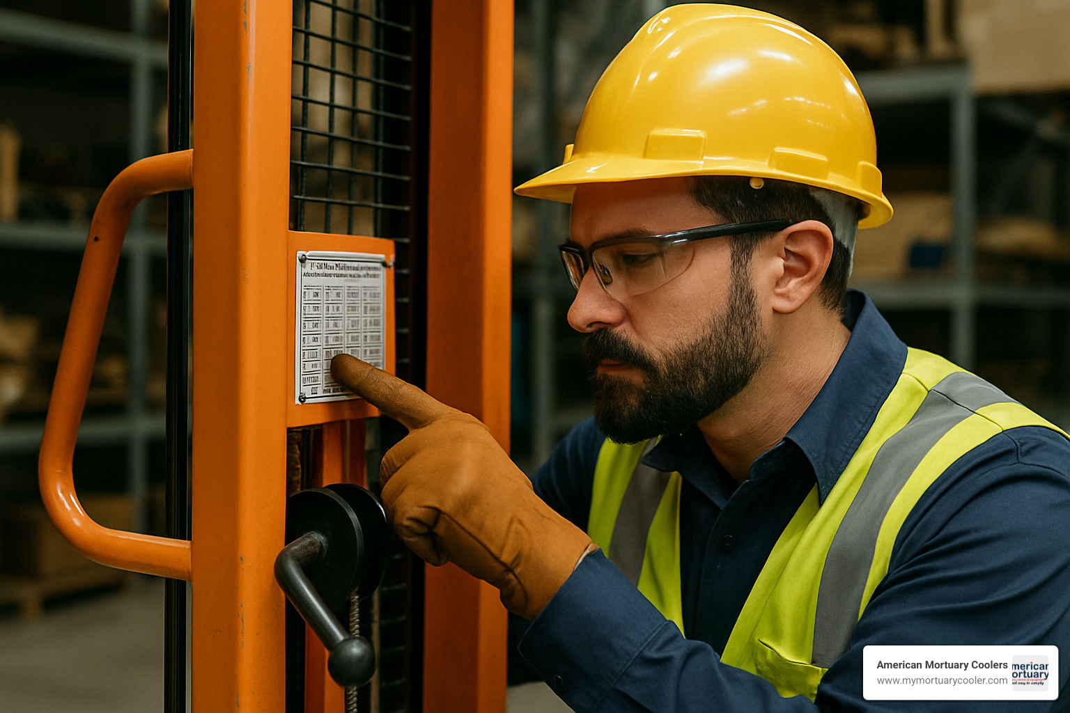 operator checking specification plate on hand crank lift - hand crank lift