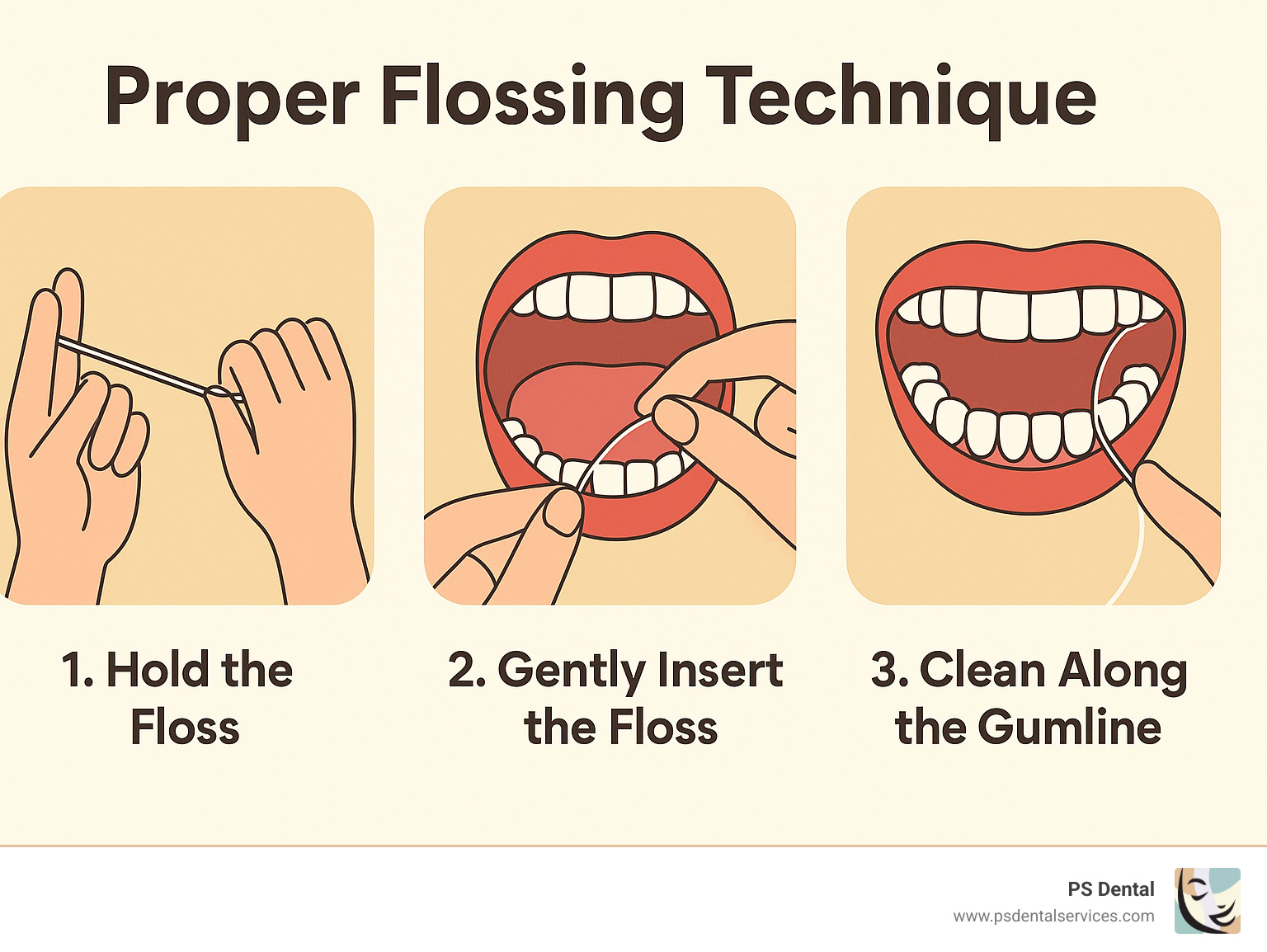 Infographic showing proper flossing technique with step-by-step illustrations demonstrating correct hand positioning, floss insertion, and cleaning motion along the gumline - best gum disease treatment infographic 