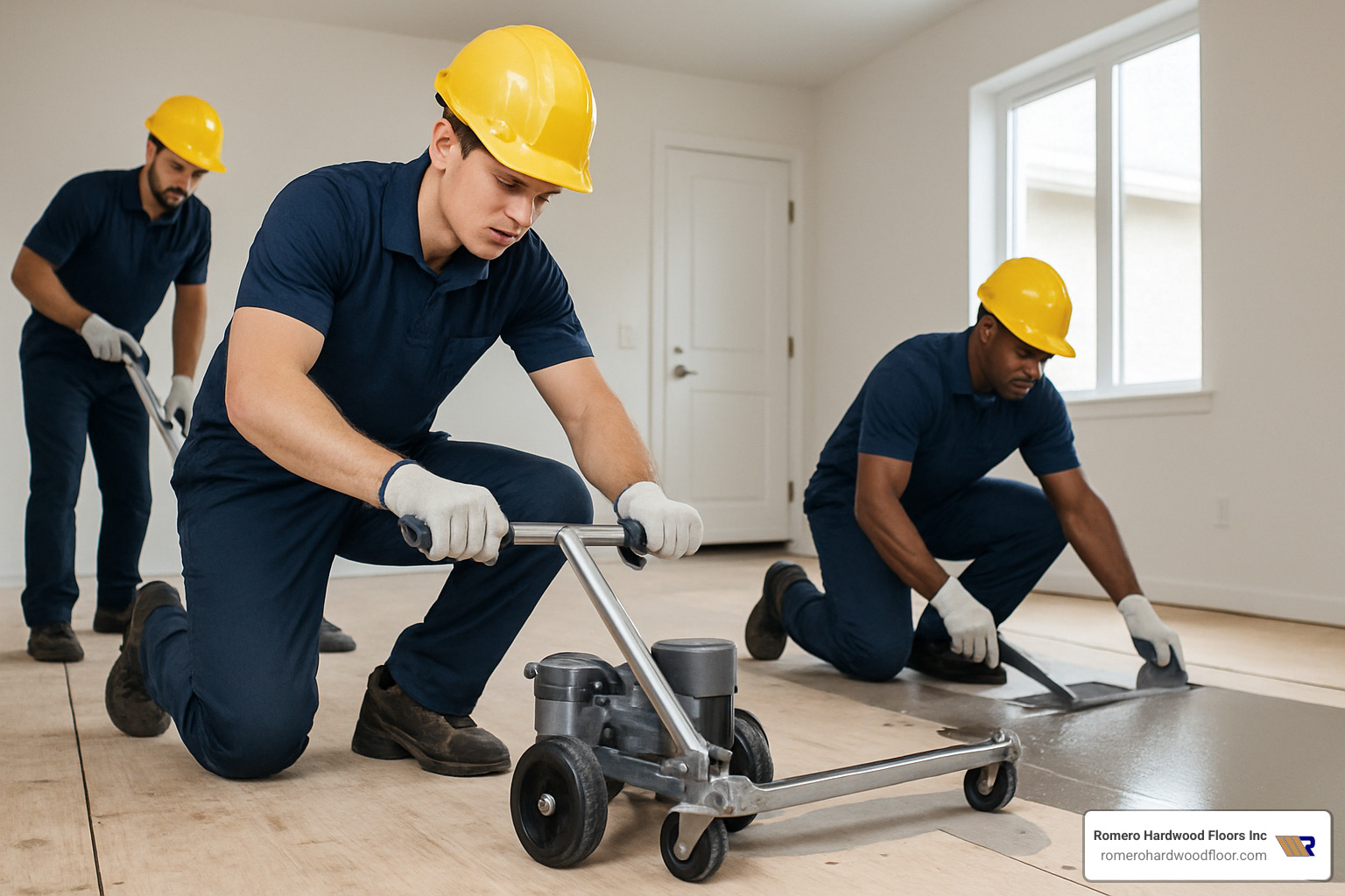 Professional crew leveling subfloor with specialized equipment - Flooring Installation