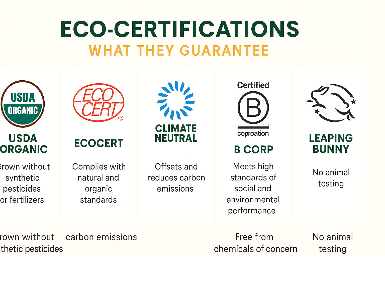 Infographic comparing eco-certifications including USDA Organic, ECOCERT, Climate Neutral, B-Corp, EWG Verified, and Leaping Bunny, showing what each certification guarantees - eco friendly skin care brands infographic 