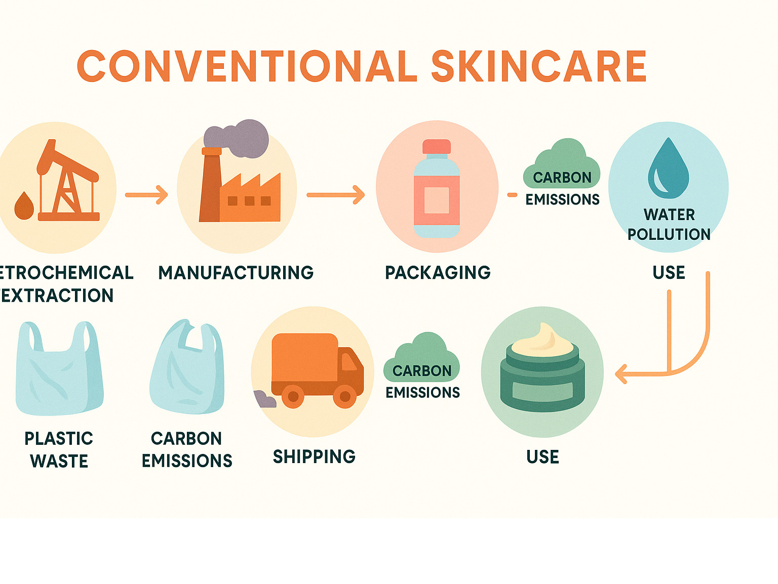 Infographic showing the lifecycle impact of conventional skincare from petrochemical extraction through manufacturing, packaging, shipping, use, and disposal, highlighting plastic waste, carbon emissions, and water pollution at each stage - eco friendly skin care brands infographic 
